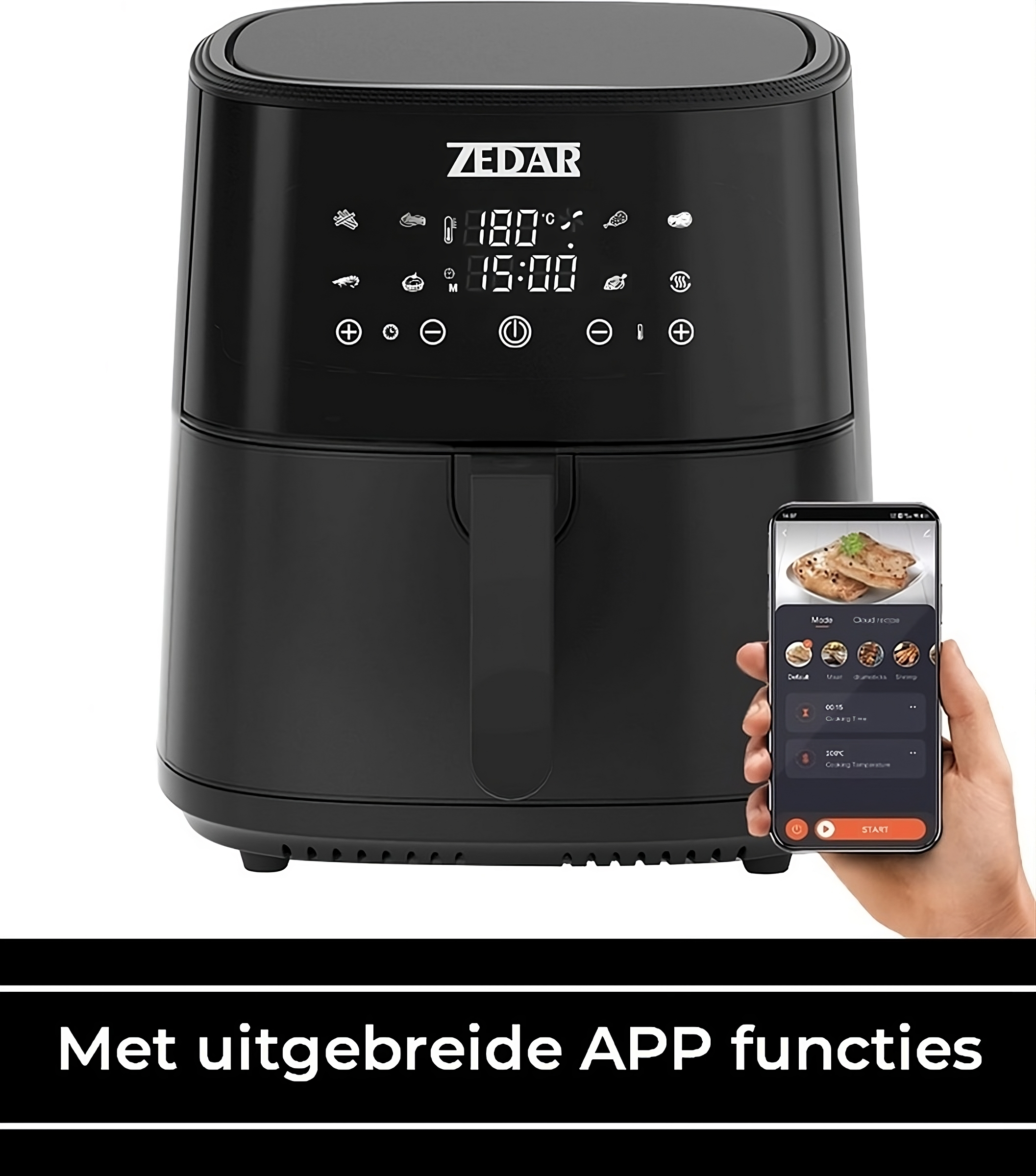 Zwarte heteluchtfriteuse met handvat en digitaal display, en een smartphone met kookopties.
