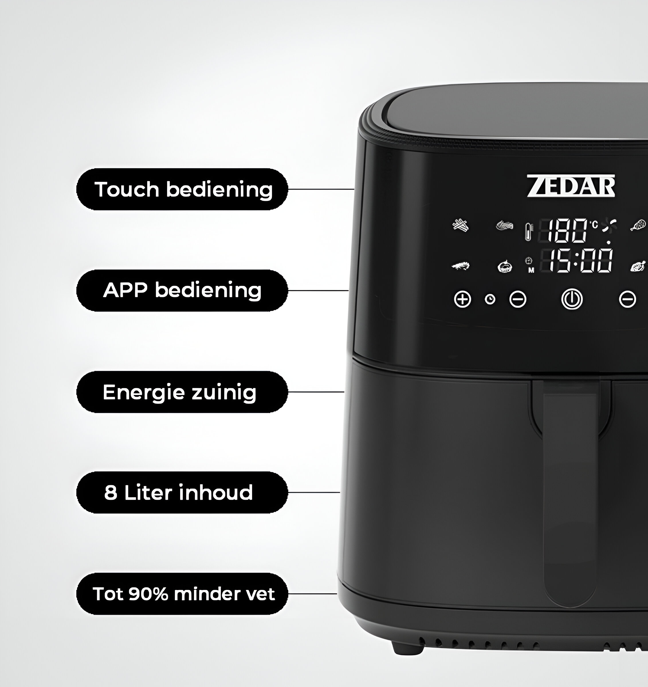 Zwarte airfryer met labels: Touch, App, Energiebesparing, 8 liter en tot 90% minder vet.