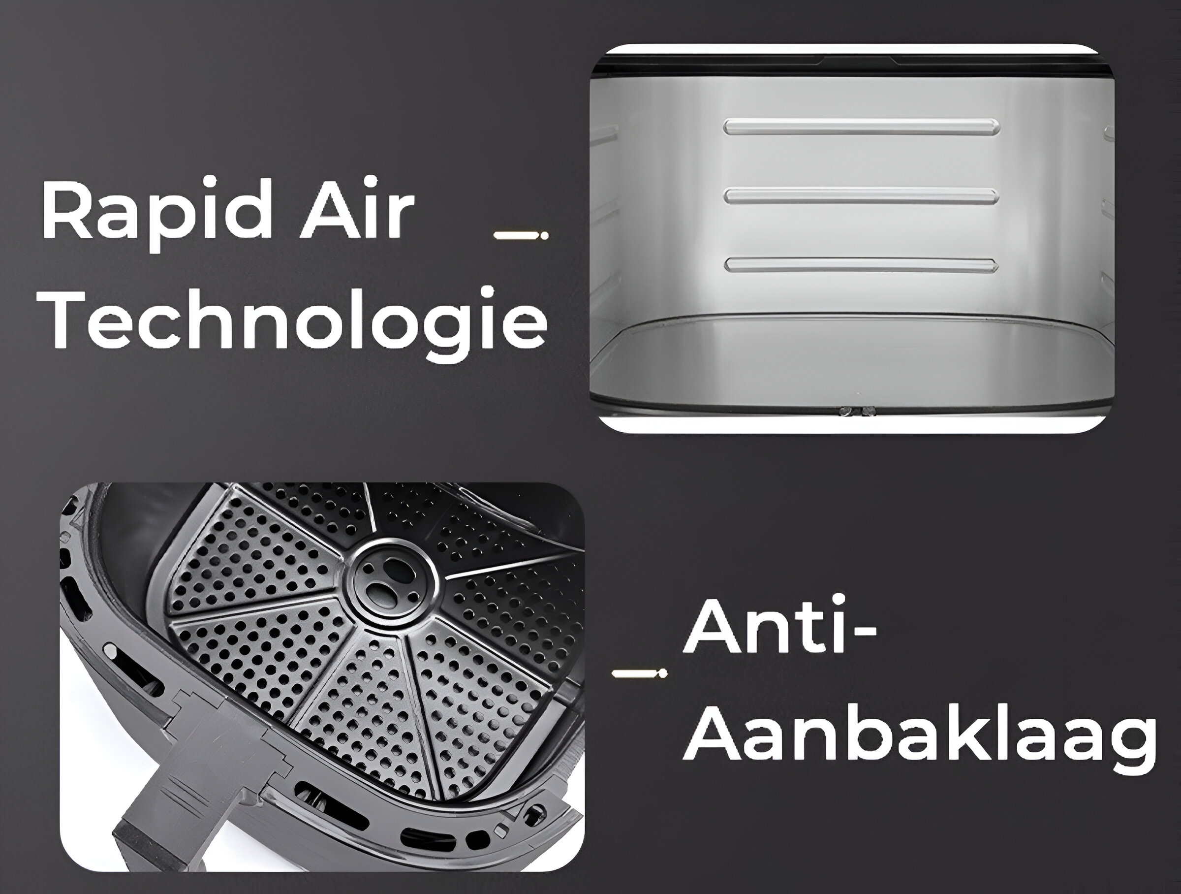 Een heteluchtfriteuse die de binnenkant en de mand laat zien. De Rapid Air Technologie en Anti-Aanbaklaag staan op de afbeelding.