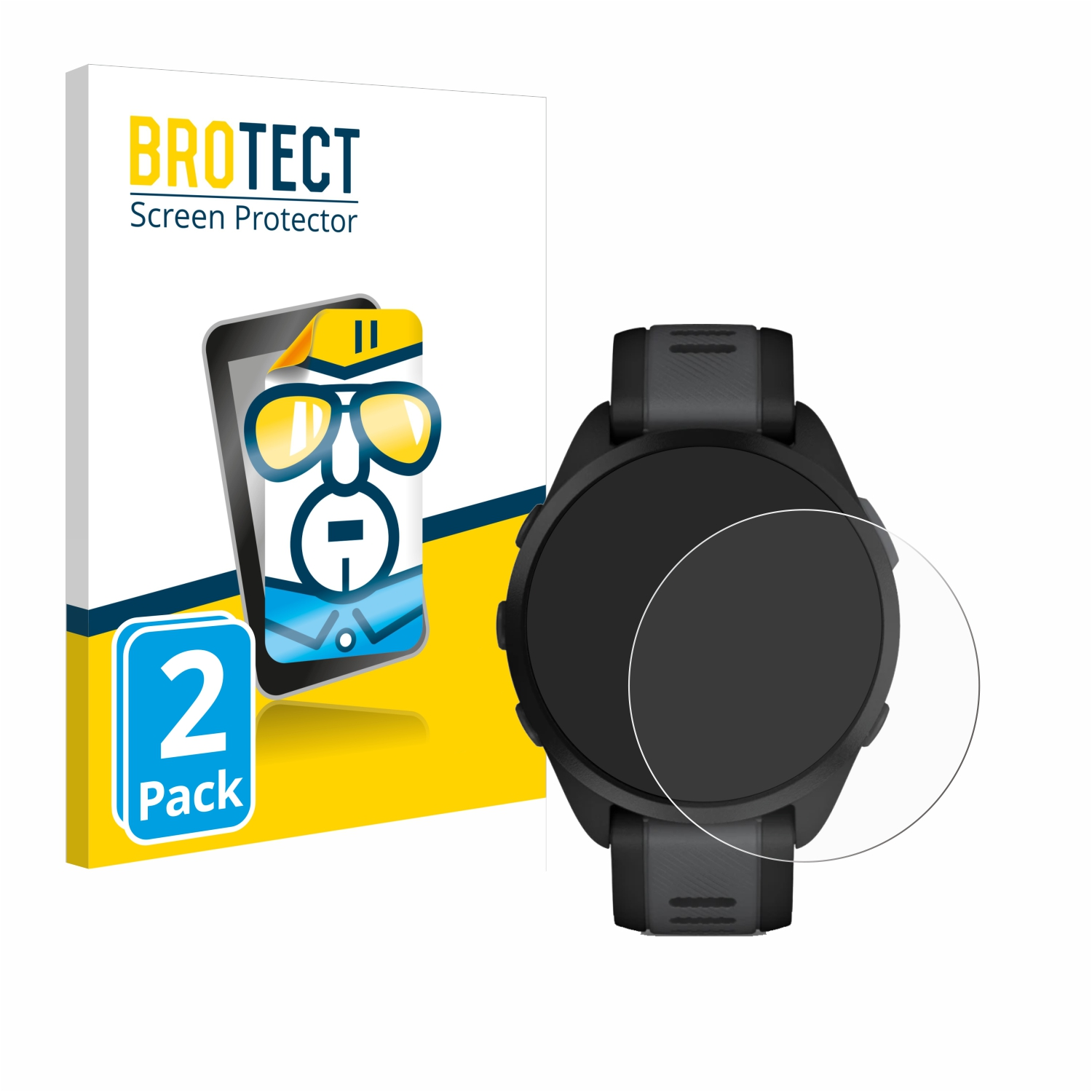 Brotect Displayschutzfolie für eine Smartwatch, neben einer 2er-Packung.