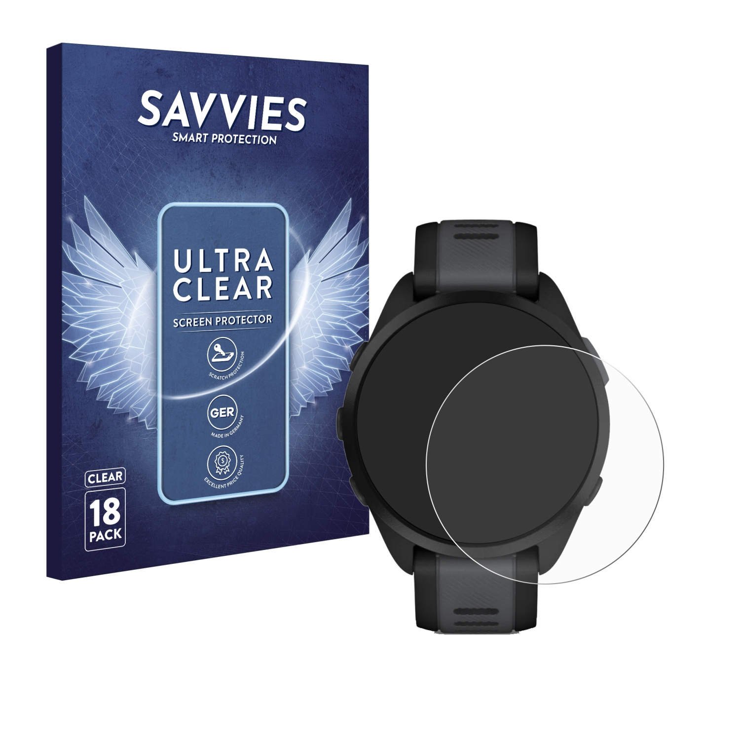Savvies Displayschutzpackung mit Smartwatch und klarem Schutz auf dem Bildschirm.