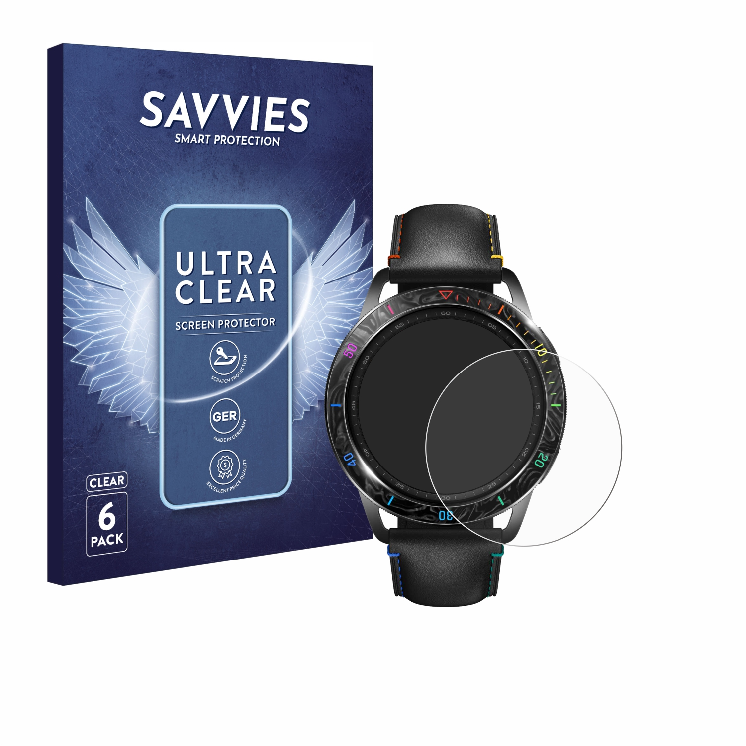 Displayschutzfolien-Verpackung und eine Smartwatch mit angebrachter Displayschutzfolie. Weißer Hintergrund.