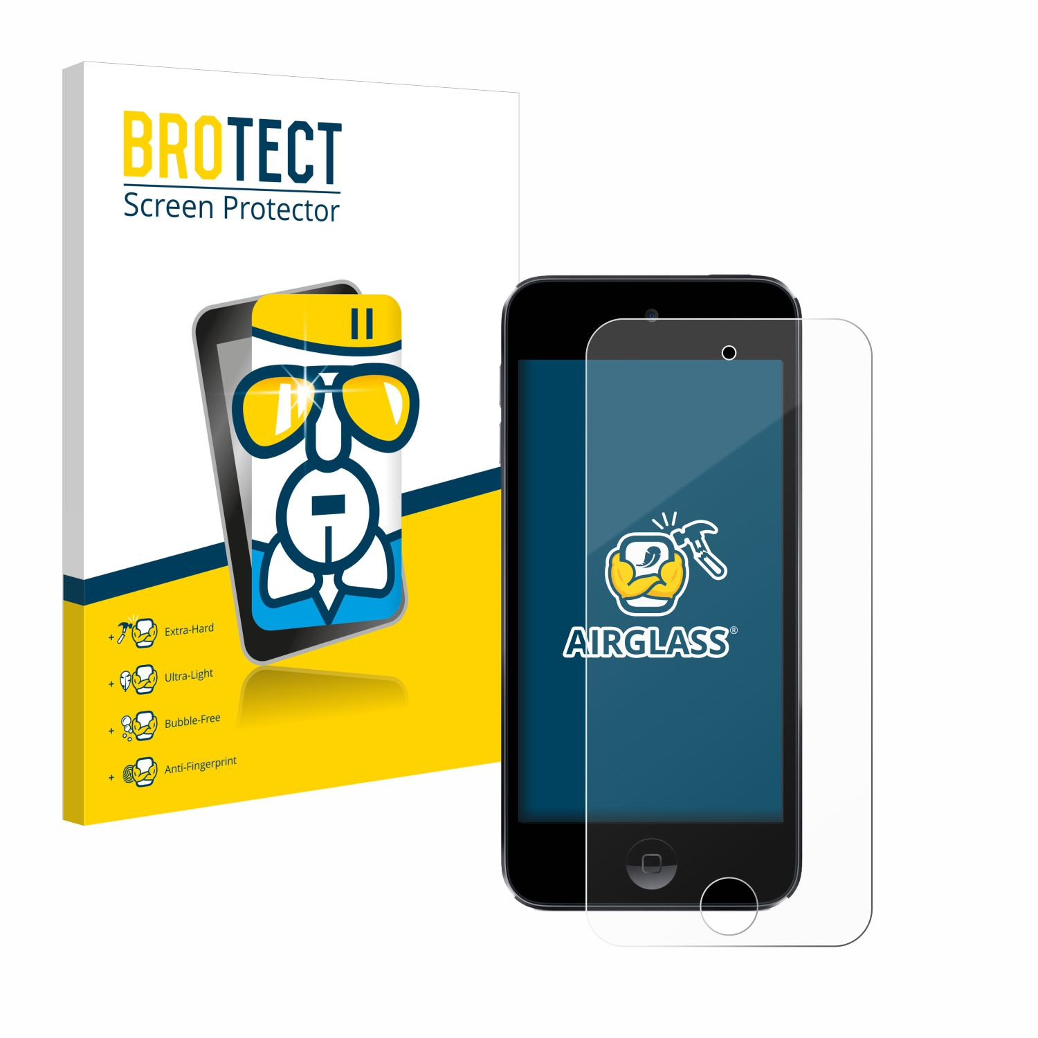 Smartphone mit Displayschutz, Brotect-Box mit Cartoon-Bild.