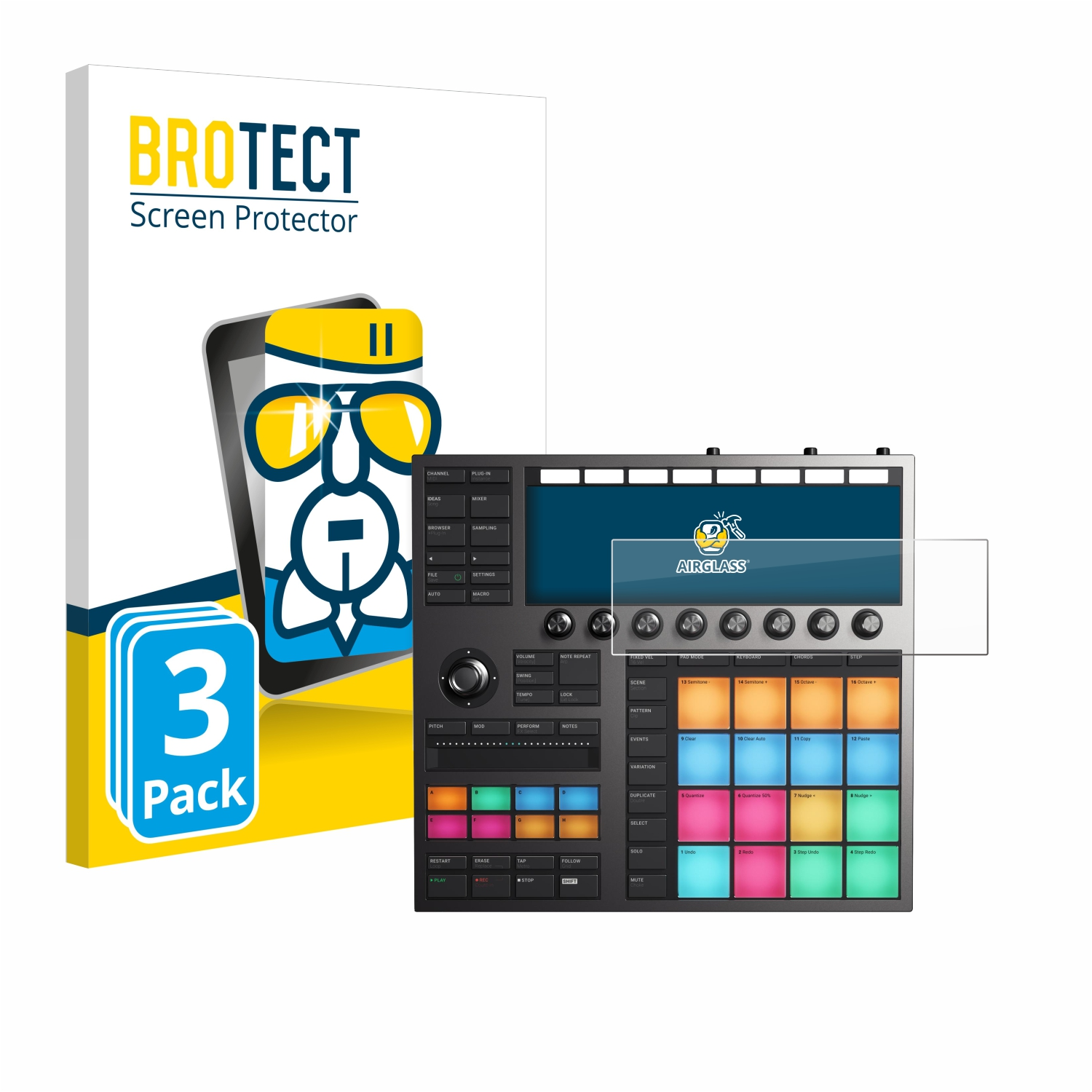 Ein farbenfrohes Musikproduktionsgerät mit klarem Displayschutz und Displayschutzbox. Hat viele Knöpfe.