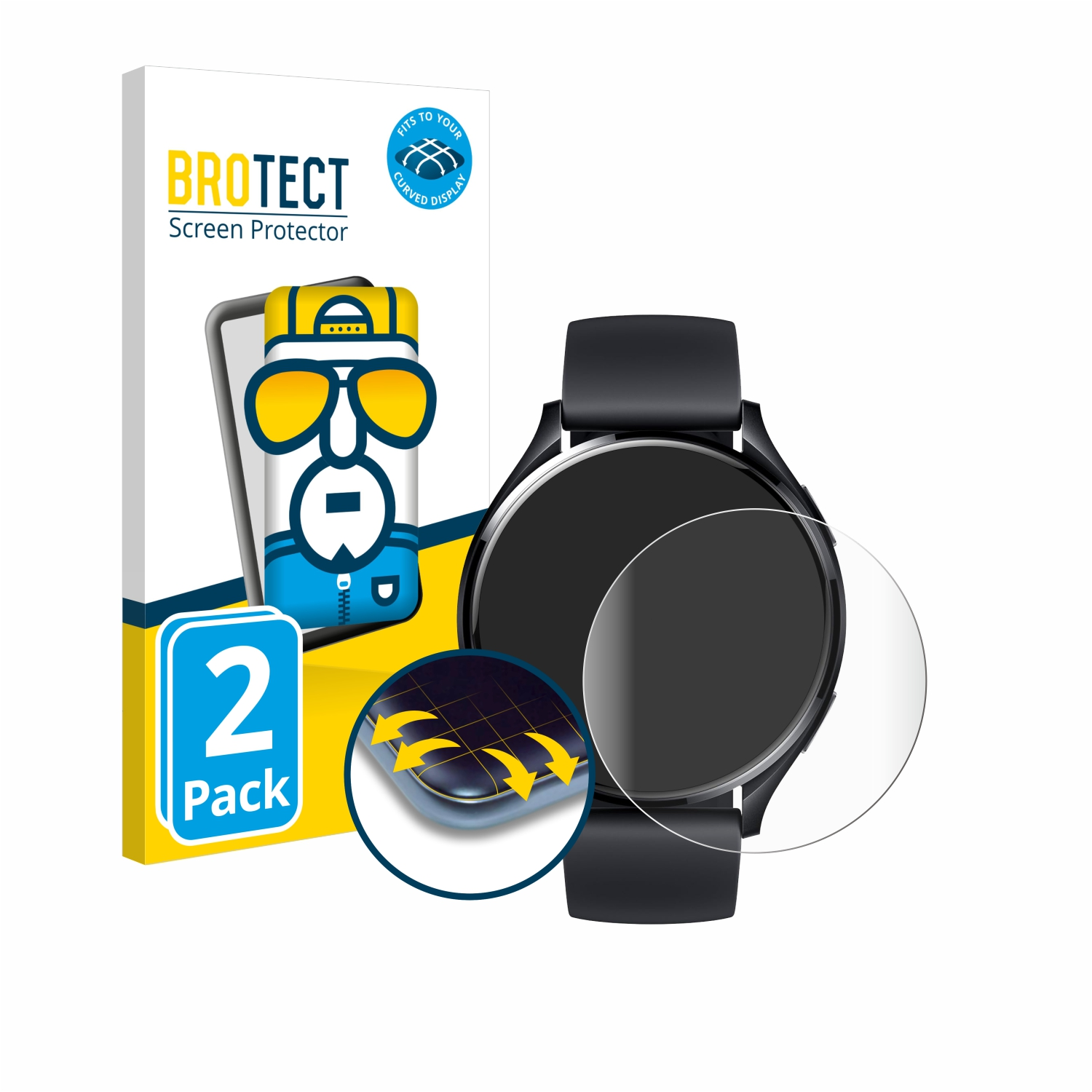 Smartwatch, Displayschutzfolie und Box auf weißem Untergrund.