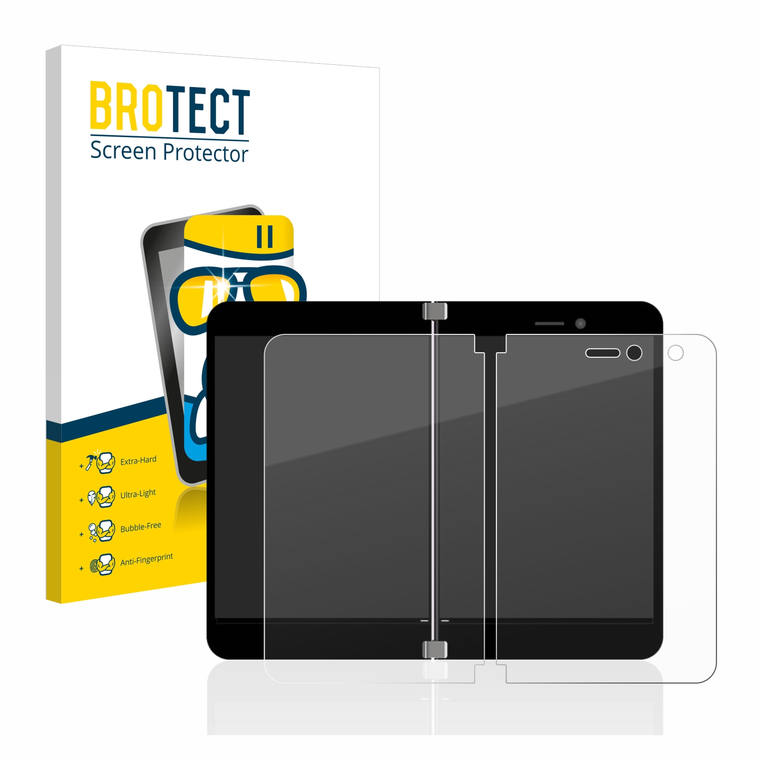 Ein schwarzes Tablet mit Displayschutzfolie und eine 3er-Pack-Displayschutzfolienbox werden gezeigt.