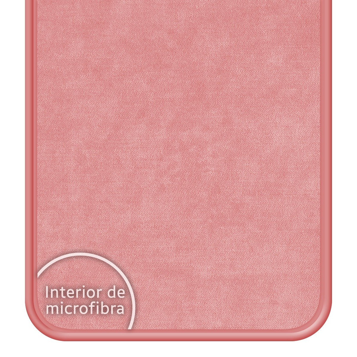 Primer plano de una funda rosa de microfibra. Las palabras 'Interior de microfibra' son visibles.