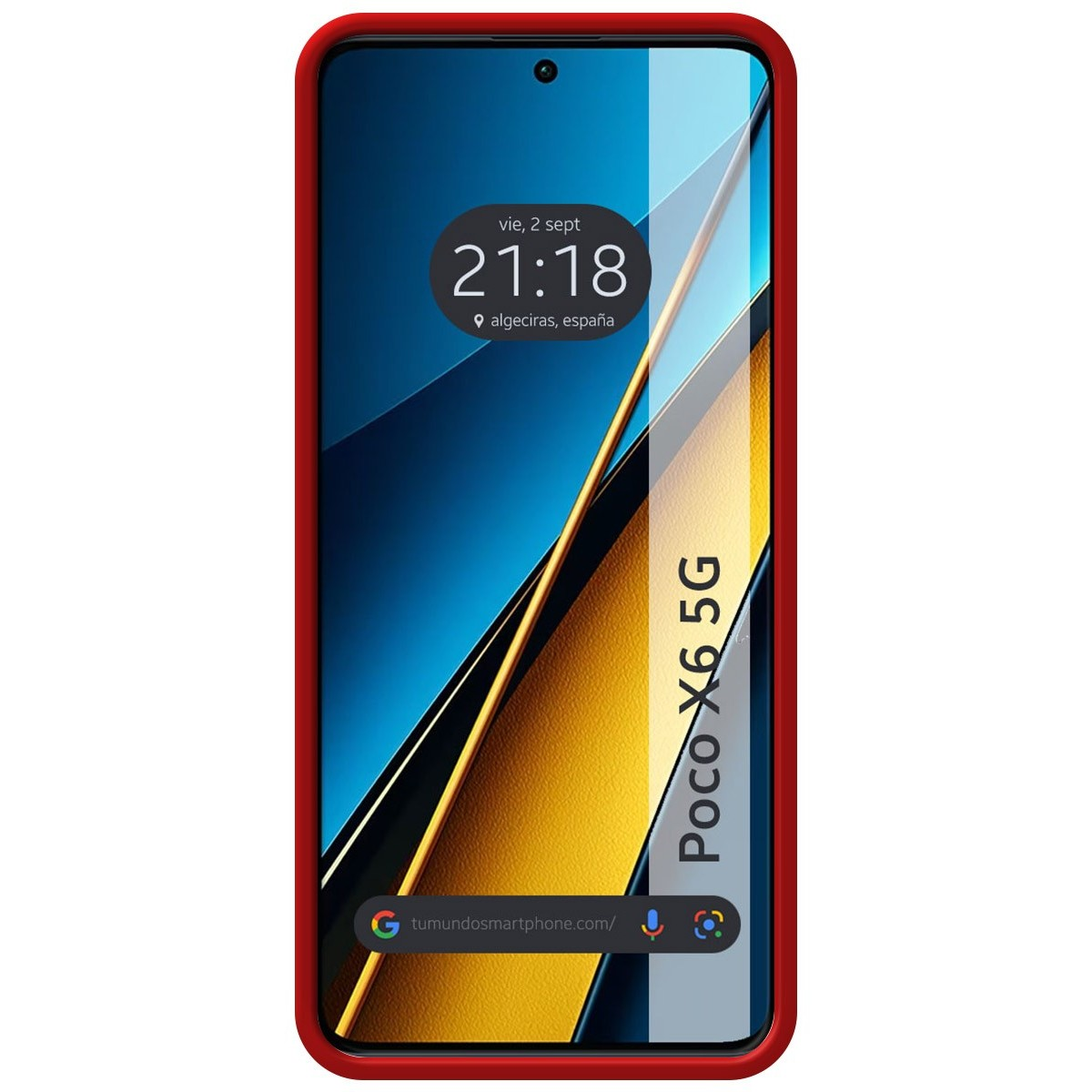 Custodia per telefono con cornice rossa, che mostra l'ora. Il telefono è Poco X6 5G.
