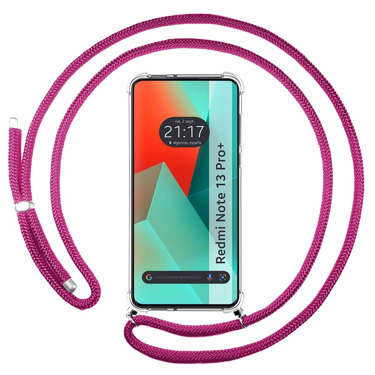 Un telefono con un cordino rosa. Lo schermo mostra l'ora, il luogo e il nome del telefono.