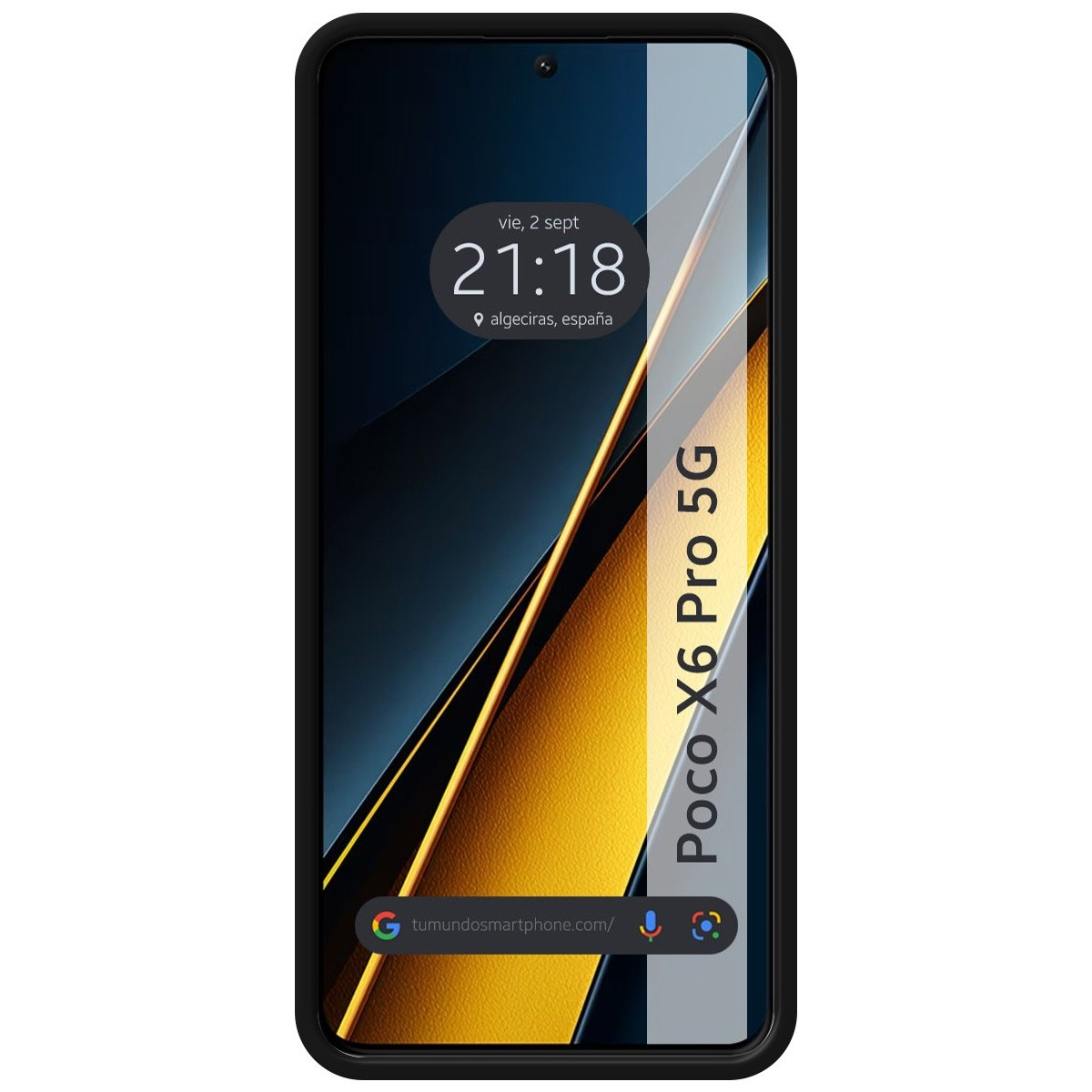 Smartphone nero con ora, data e 'algeciras, españa'. Ha una cornice nera.