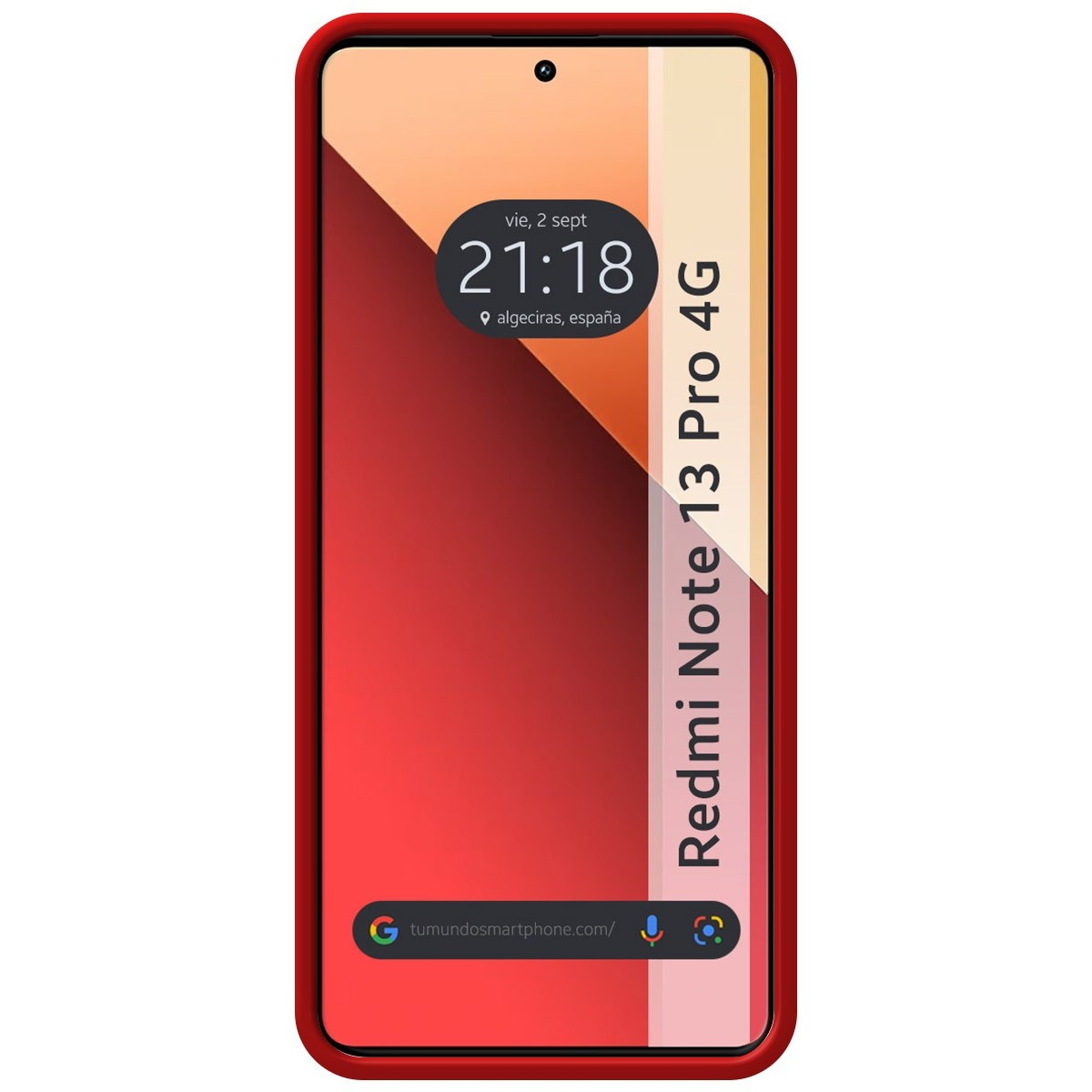 Una custodia rossa per telefono che mostra uno schermo del telefono con l'ora e la data. Il telefono è in una custodia rossa.