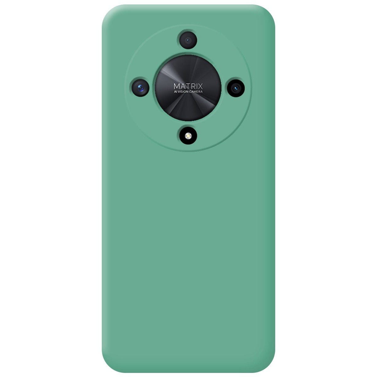 Custodia verde per telefono con tre lenti fotocamera e sensore centrale. Sfondo bianco.