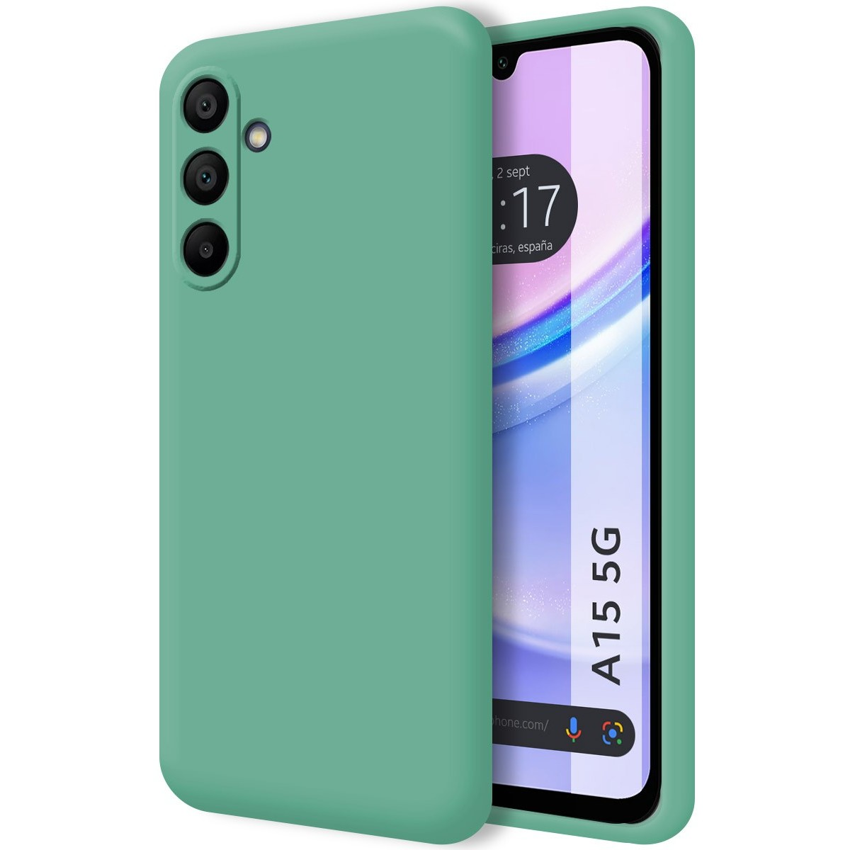 Custodia verde su un telefono. Il telefono mostra l'ora. Tre obiettivi.