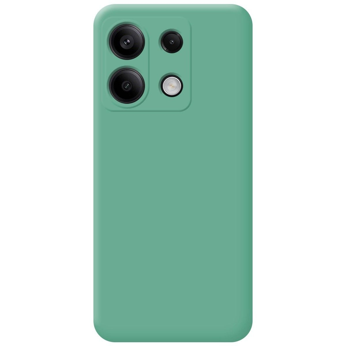 Custodia verde per telefono con tre fotocamere posteriori e un flash.