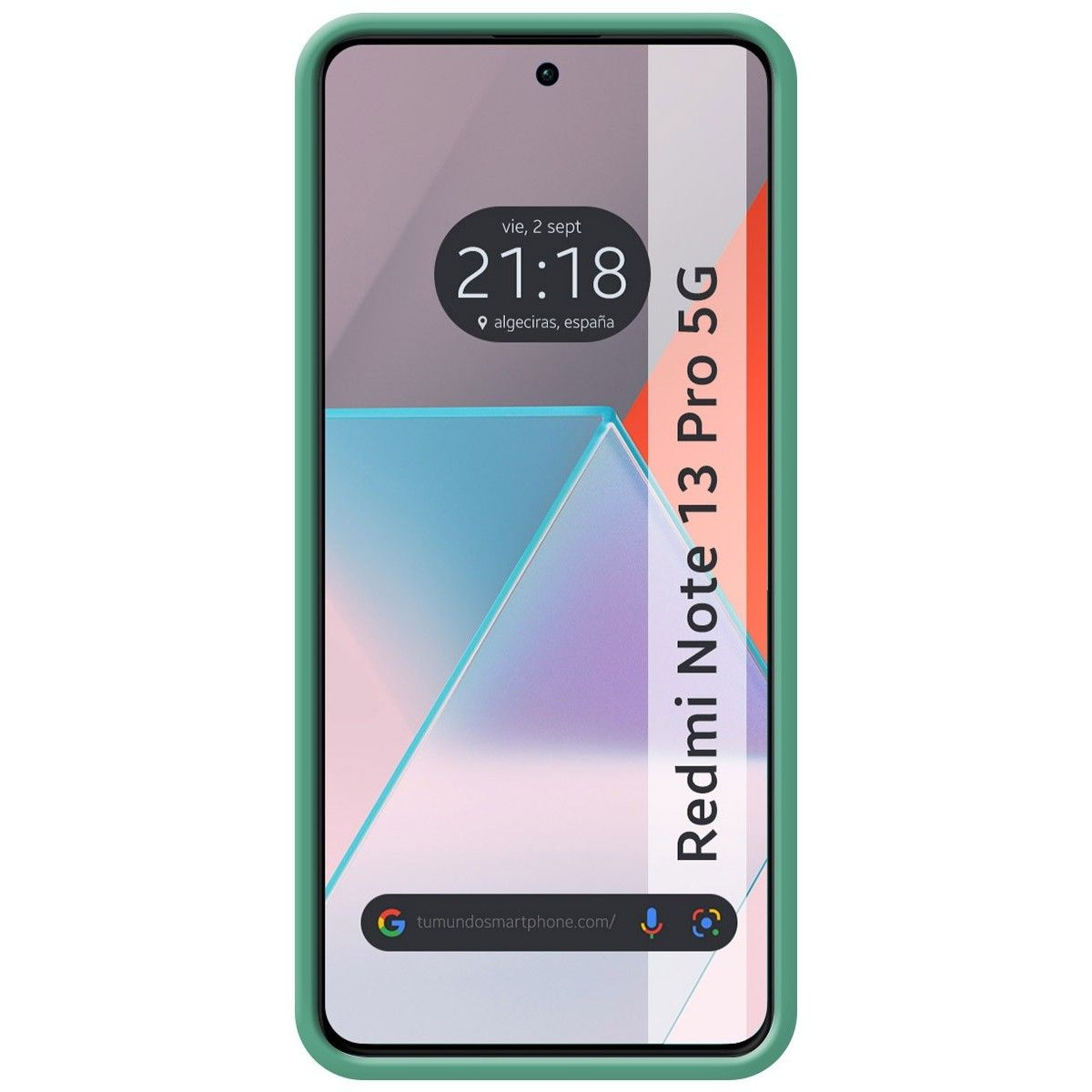 Telefono verde con schermo che mostra ora e luogo. Linea rossa e nome del modello.
