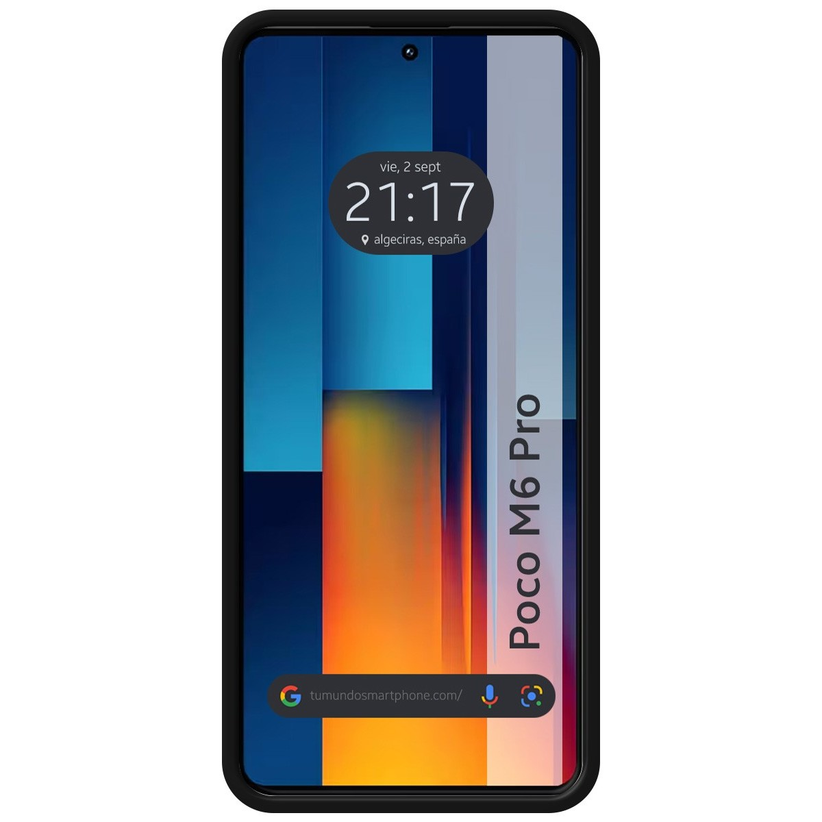 Telefono nero con schermo che mostra ora, luogo e le parole Poco M6 Pro.