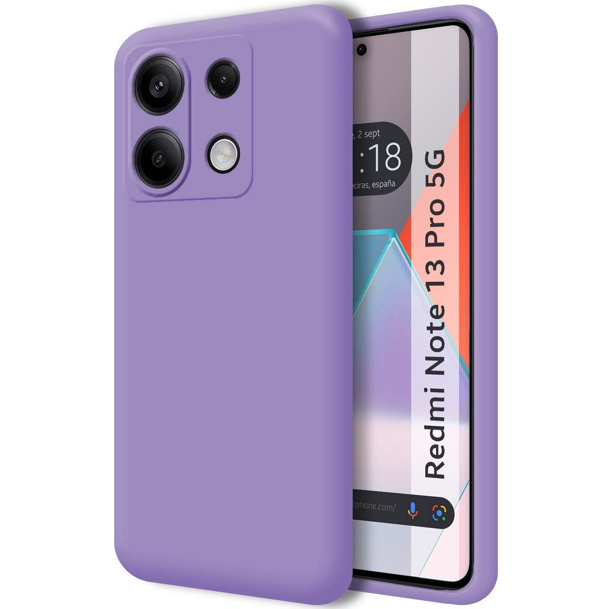 Una custodia per telefono viola con il telefono che mostra 'Redmi Note 13 Pro 5G'.