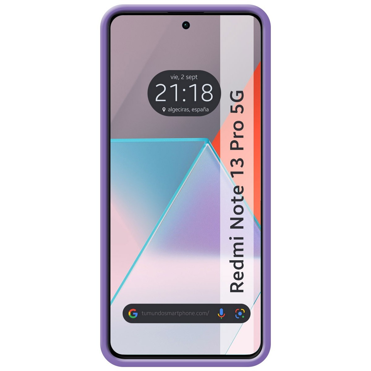 Telefono viola con custodia, che mostra ora, data e posizione. Il testo sul lato dice 'Redmi Note 13 Pro 5G'.