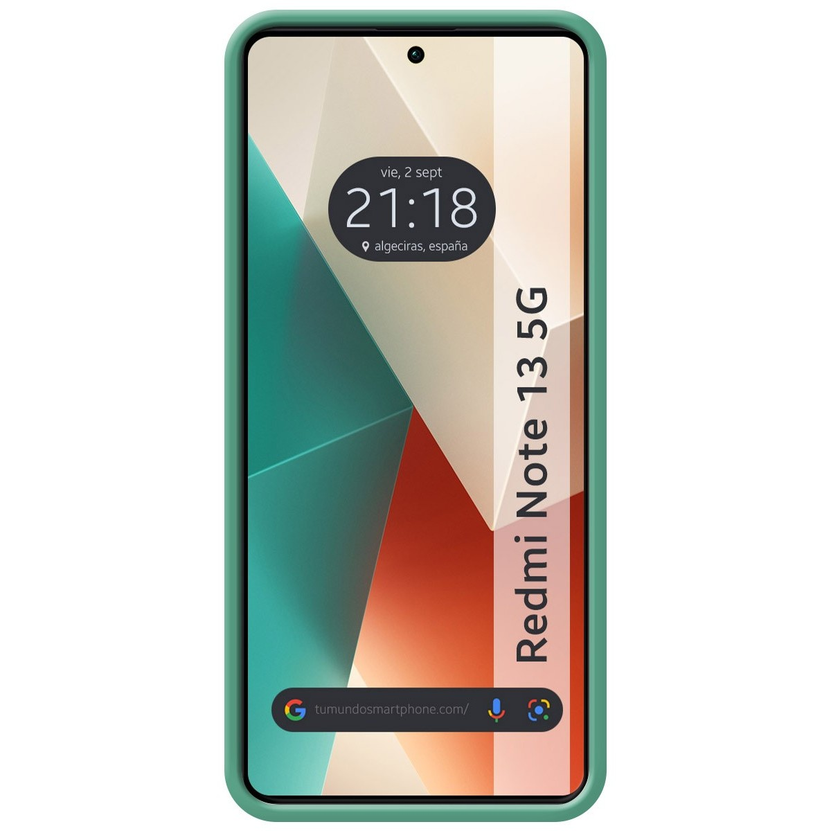 Custodia per telefono verde con un telefono che mostra ora e posizione e le parole Redmi Note 13 5G.