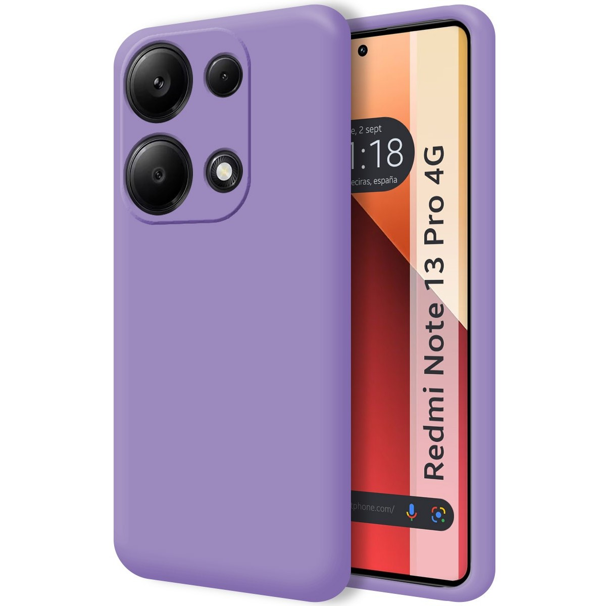 Custodia viola con più lenti della fotocamera. Lo schermo mostra Redmi Note 13 Pro 4G.