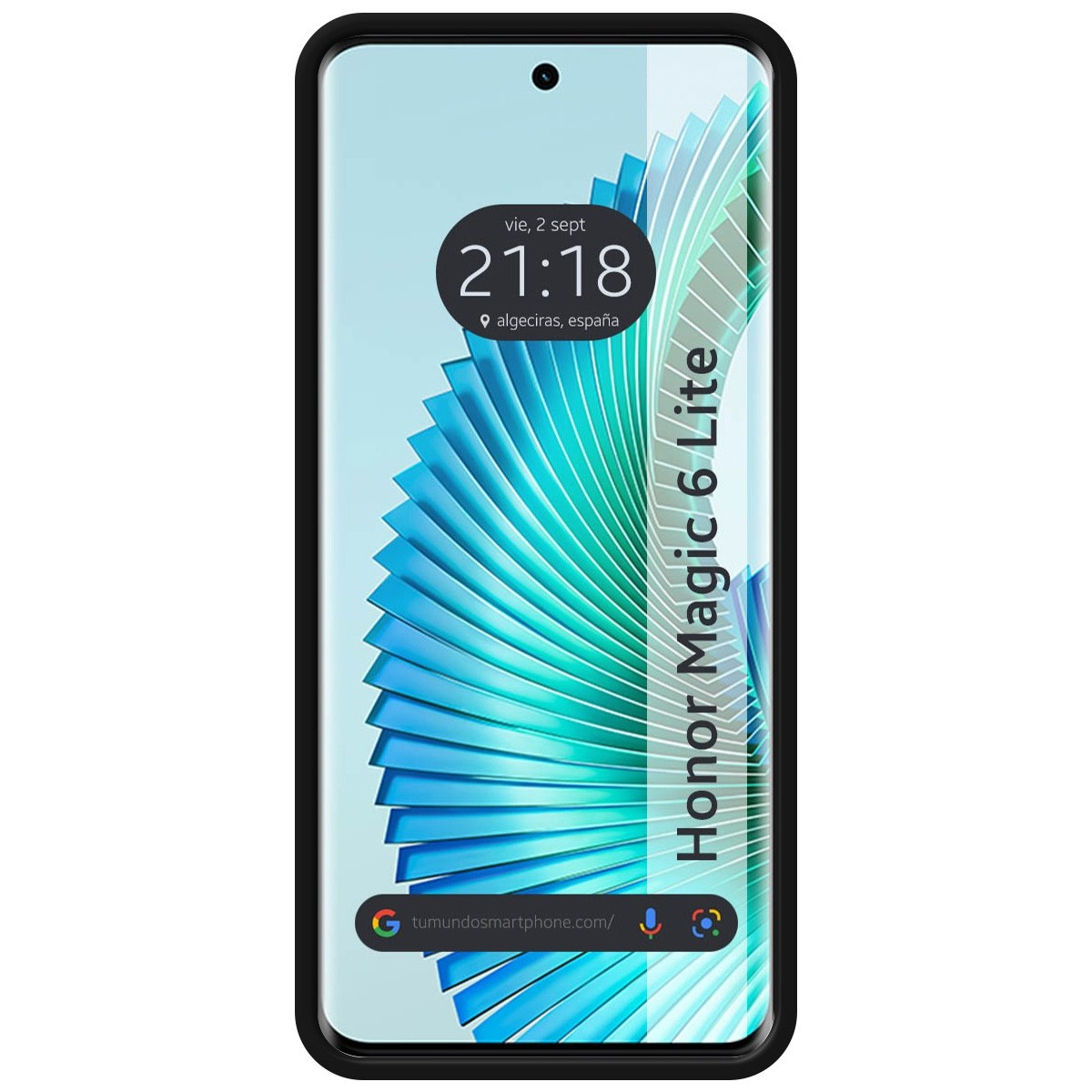 Smartphone che mostra ora e luogo, in una custodia nera.