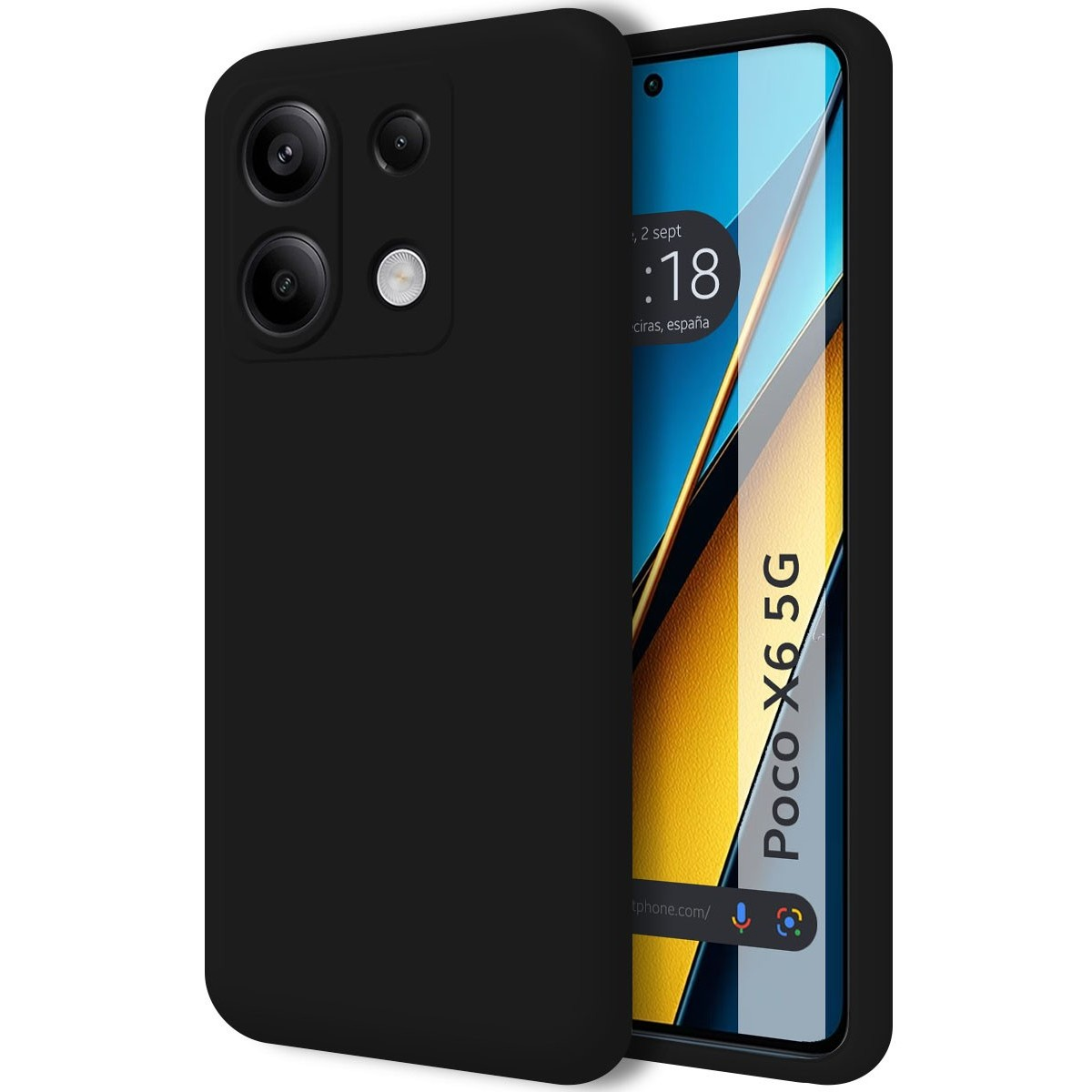 Telefono nero con tre fotocamere posteriori, una fotocamera anteriore e il testo Poco X6 5G.