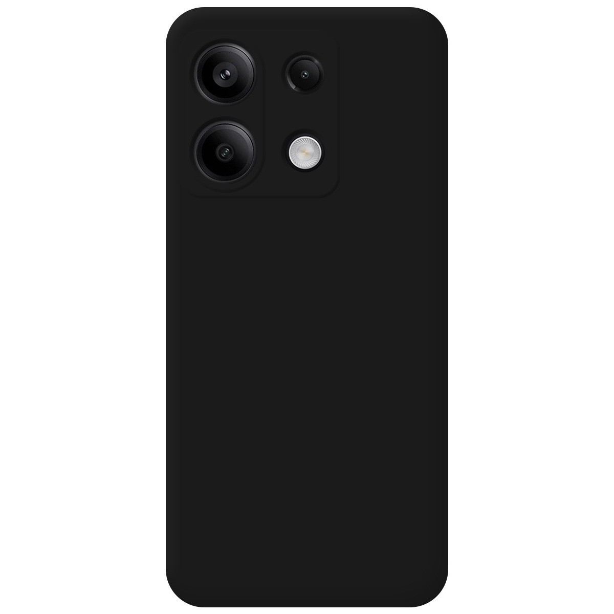 Una custodia per telefono nera, che mostra il retro di un telefono con tre obiettivi della fotocamera.