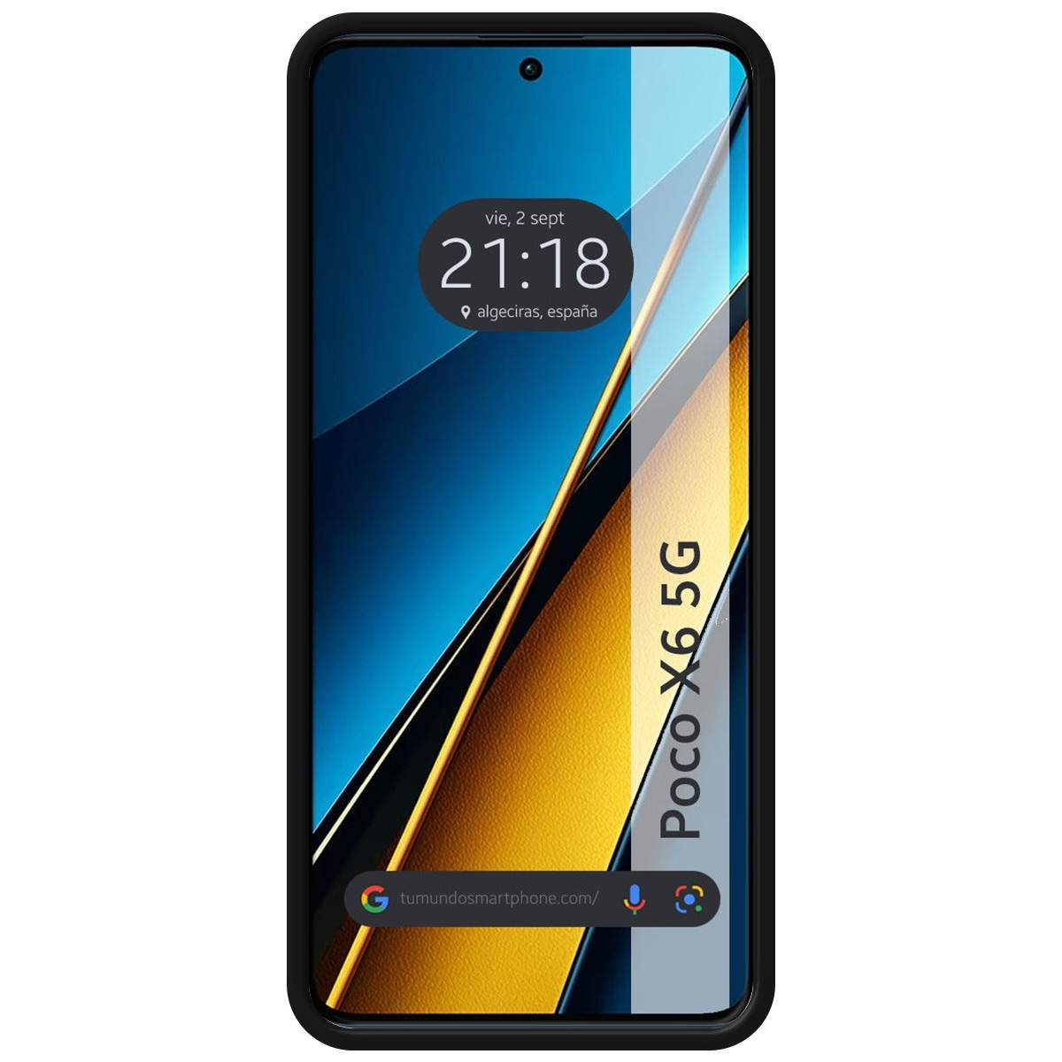 Telefono nero che mostra l'ora, la data e il testo "Poco X6 5G".