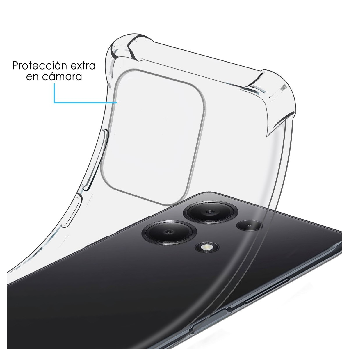 Telefono e custodia protettiva trasparente. La custodia è sopra il telefono con le lenti della fotocamera.