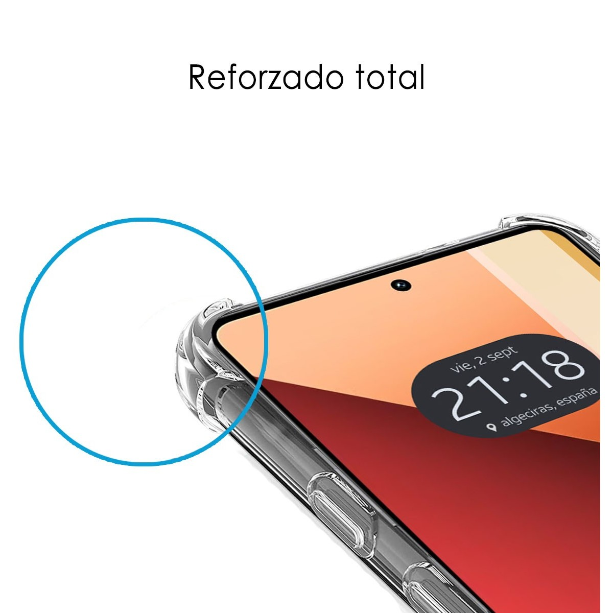 Primo piano dell'angolo del telefono con una custodia trasparente e il testo 'Reforzado total'.