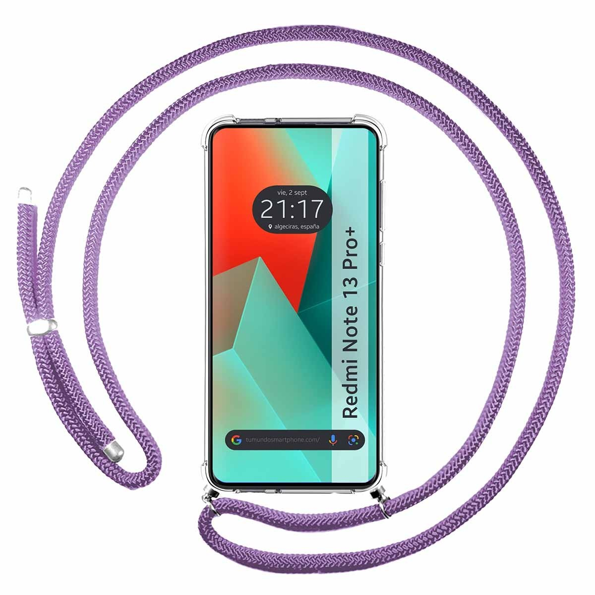 Telefono e custodia con cordino viola.
