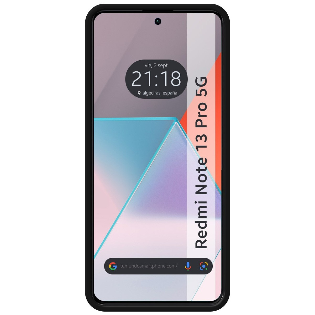 Uno schermo nero del telefono con data e ora, barra di ricerca e le parole Redmi Note 13 Pro 5G.