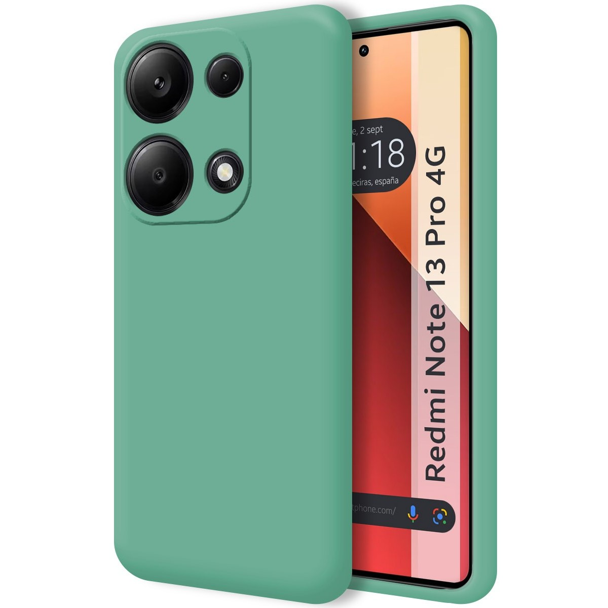 Custodia verde per telefono con due fotocamere. Lo schermo mostra l'ora.