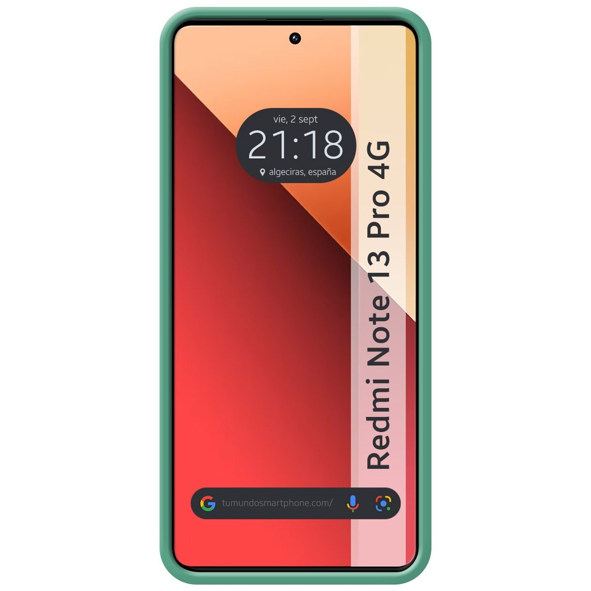 Smartphone Redmi Note 13 Pro 4G in una custodia verde, con l'ora visualizzata sullo schermo.