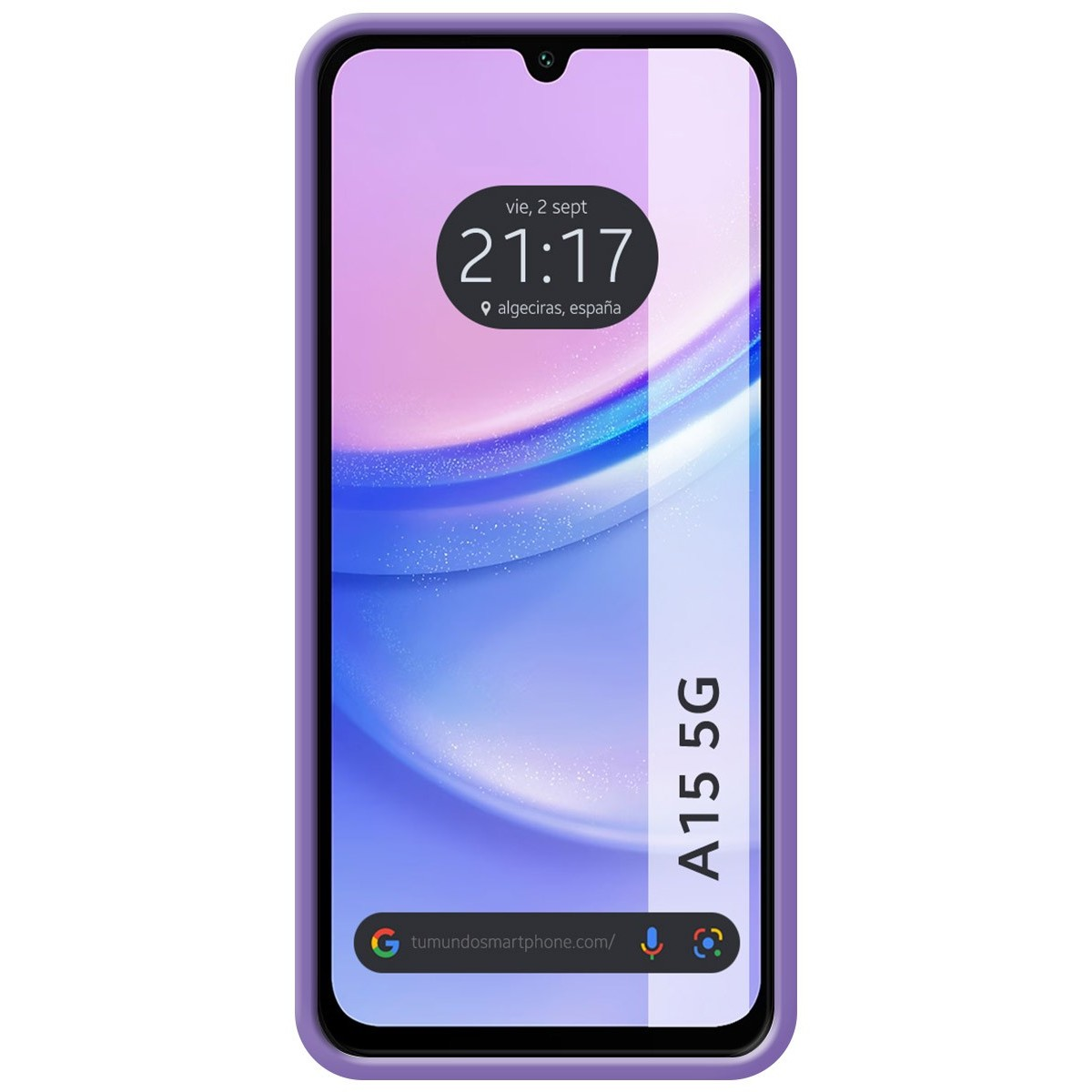 Telefono viola con schermo che mostra data e ora, sfondo bianco.