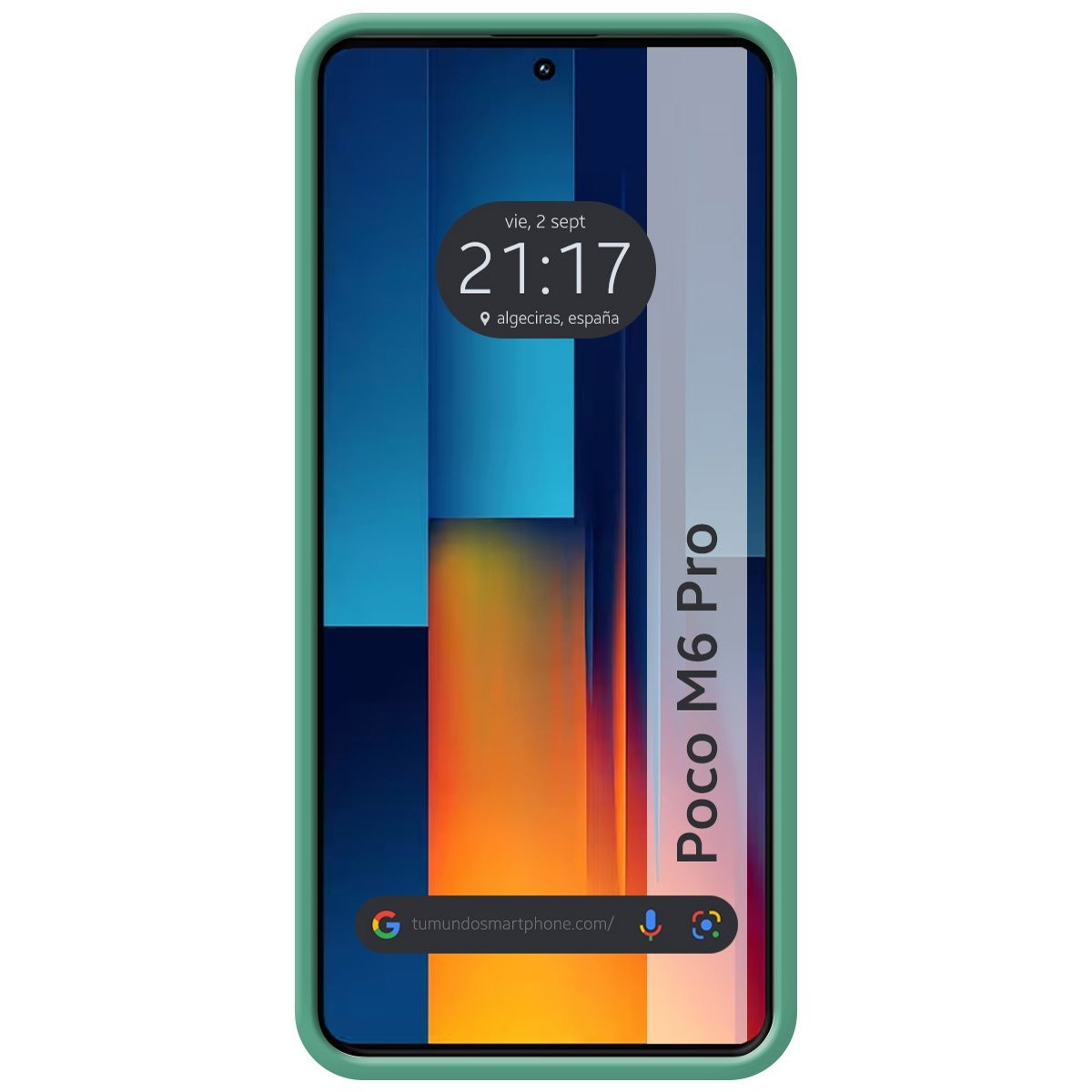 Custodia verde per telefono con un telefono che mostra ora e data. Design astratto arancione e blu.