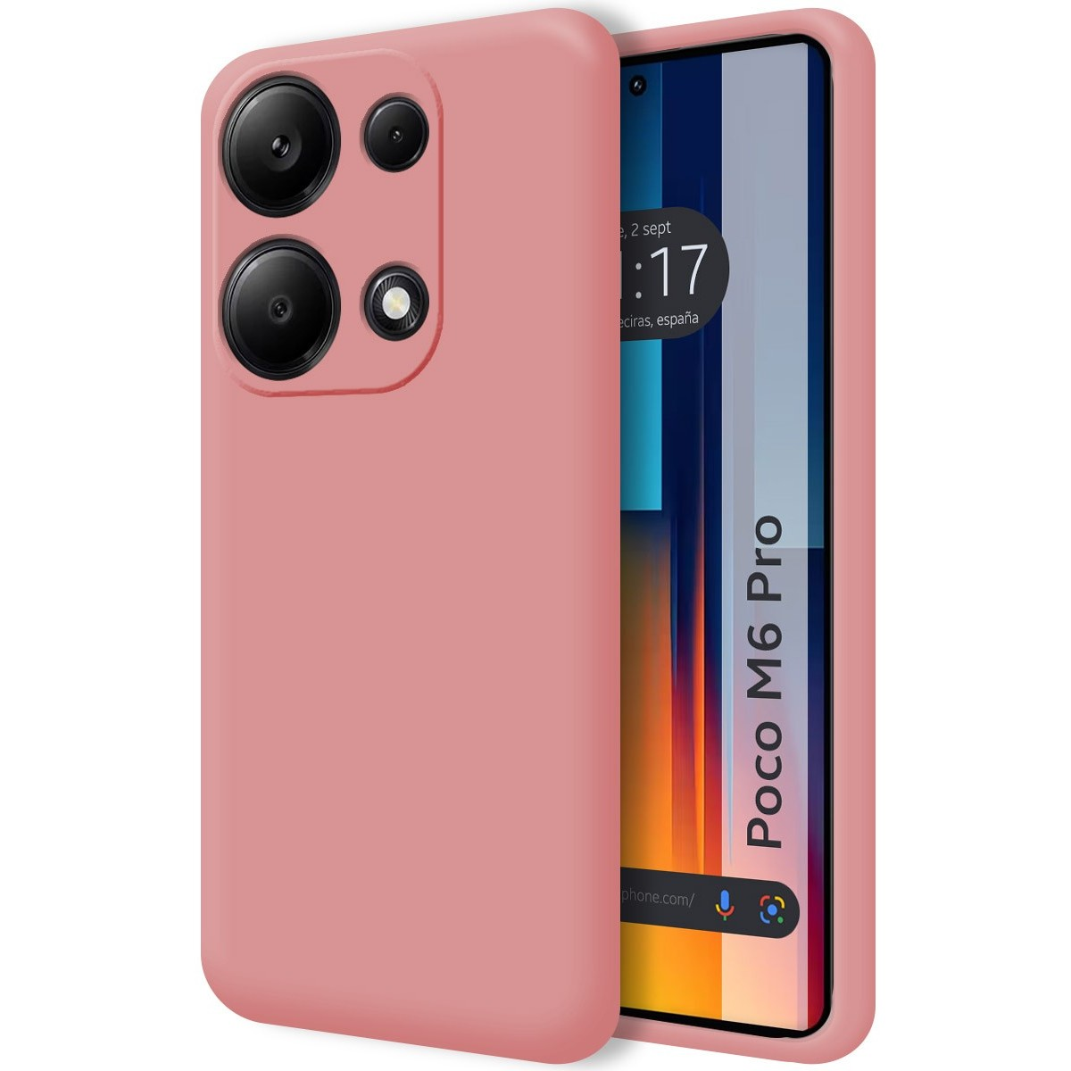 Una custodia rosa e schermo del telefono con la scritta 'Poco M6 Pro'.