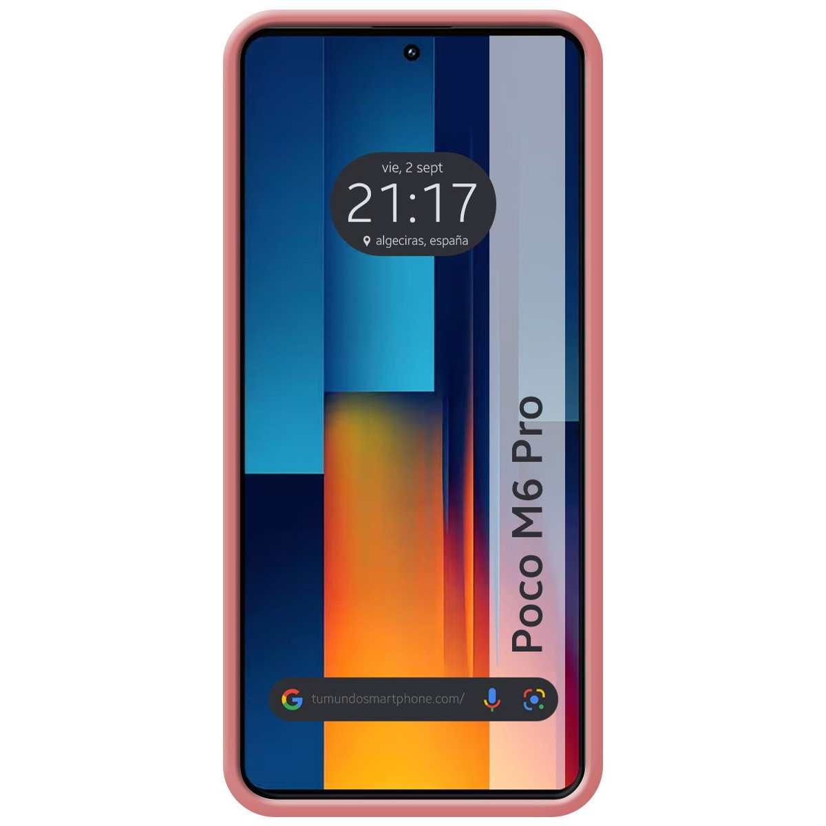 Custodia rosa per telefono con schermo che mostra ora, data e barra di ricerca. Testo: 'Poco M6 Pro'.