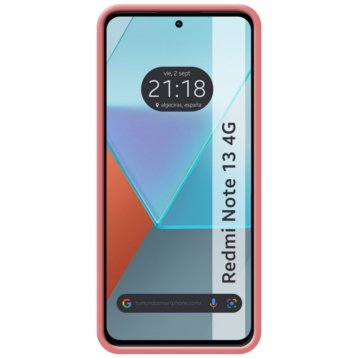 Telefono rosa con display che mostra l'ora e un indirizzo web.