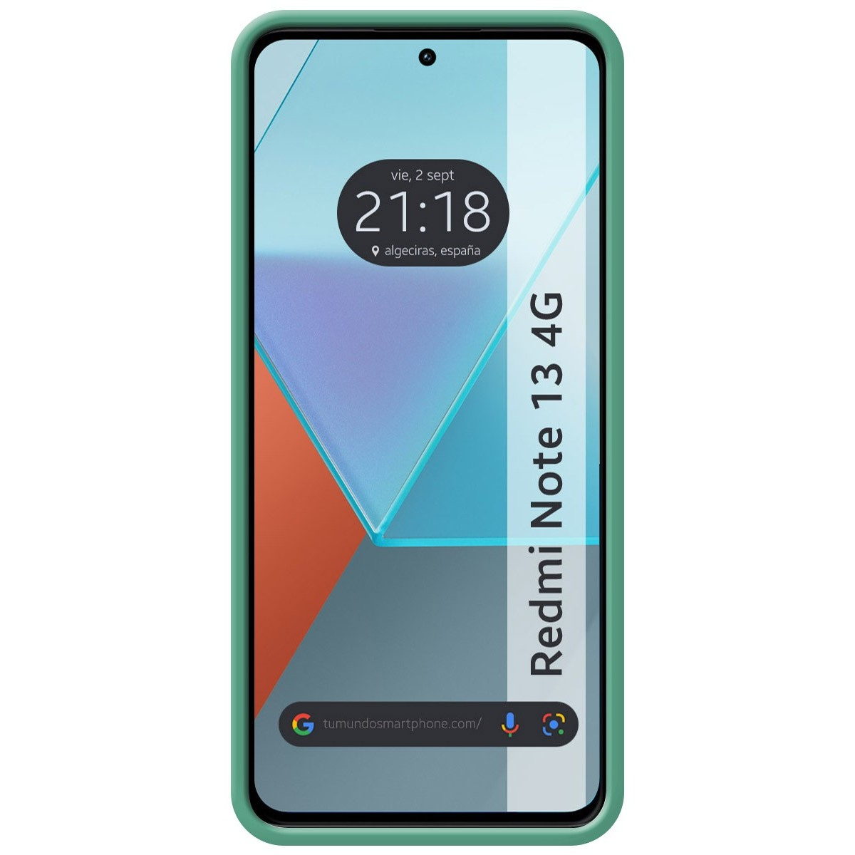 Telefono verde con schermo che mostra ora e luogo. Il nome del modello è sul lato.