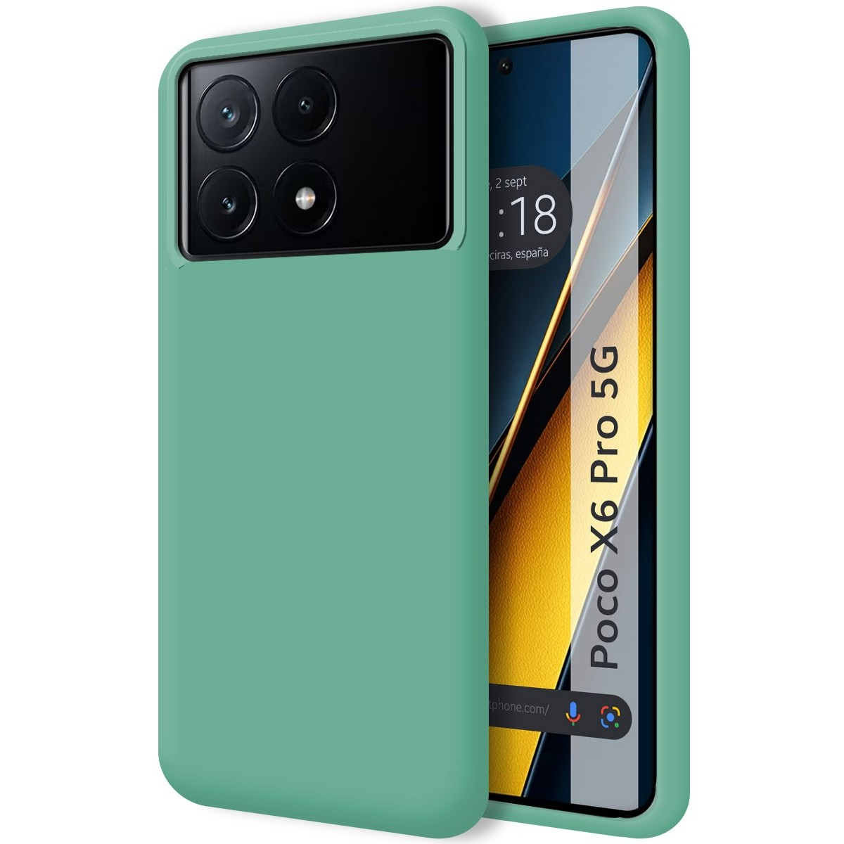 Una custodia per telefono verde con un telefono che mostra l'ora.