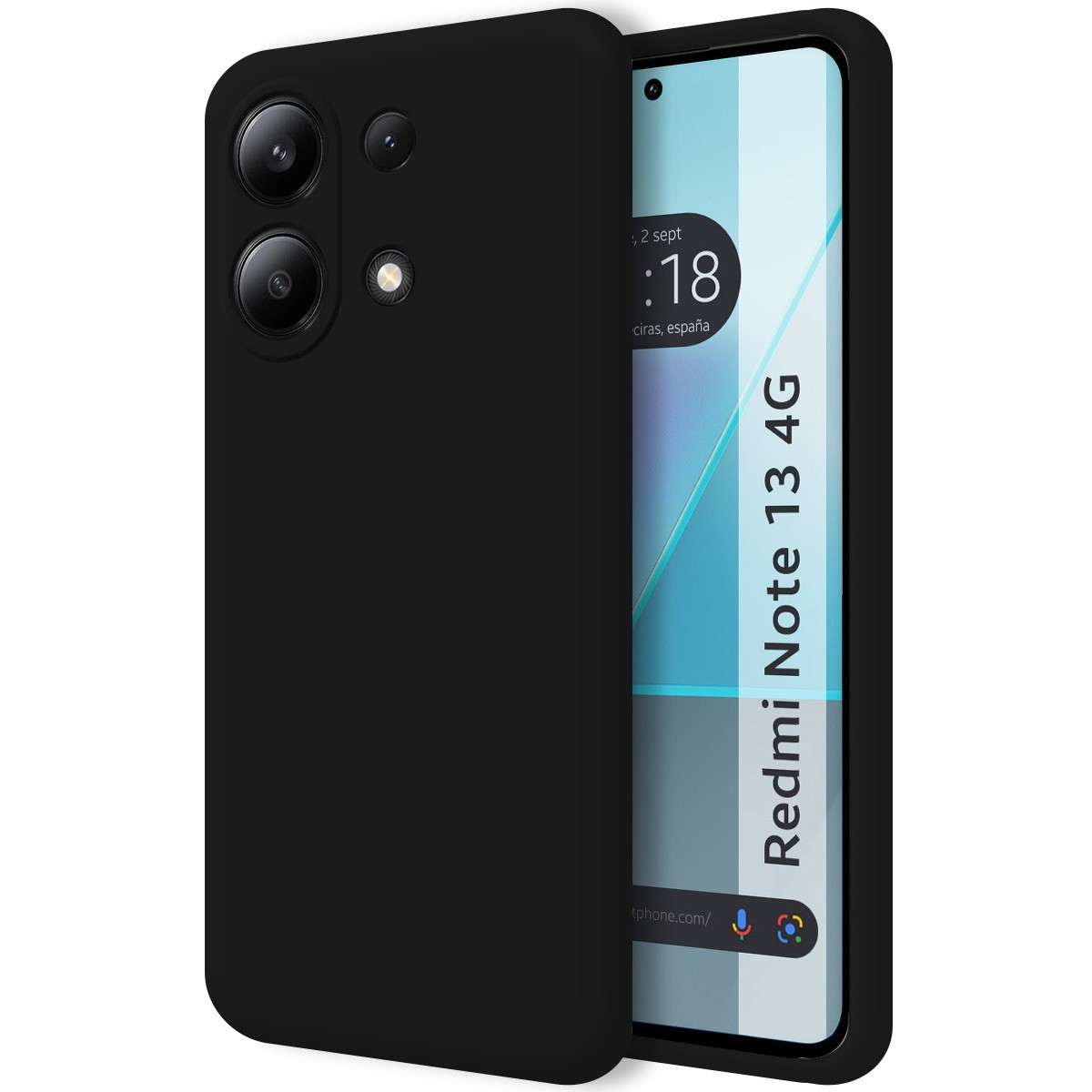 Custodia nera con più lenti della fotocamera. Lo schermo mostra Redmi Note 13 4G.