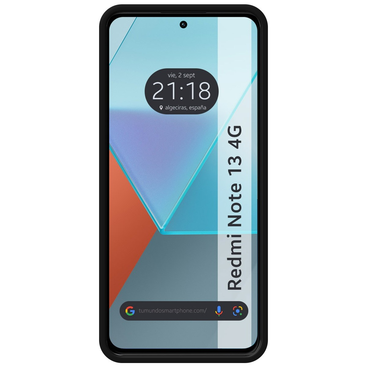 Telefono nero con display che mostra ora, posizione e il testo Redmi Note 13 4G.
