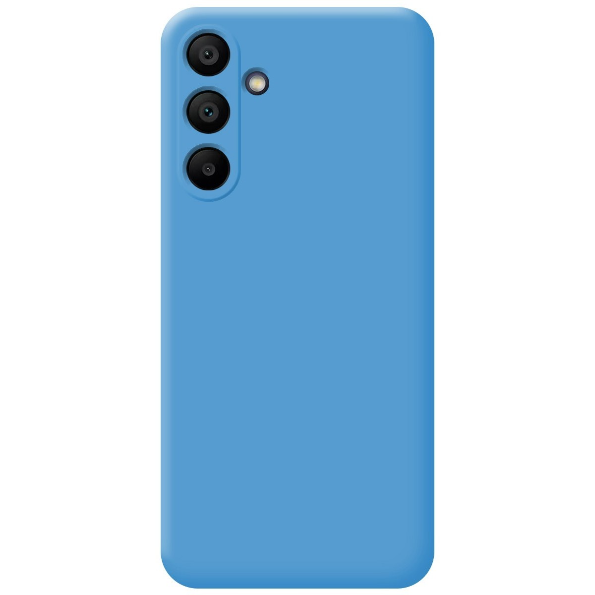 Una custodia per telefono azzurra con tre obiettivi della fotocamera sul retro del telefono.
