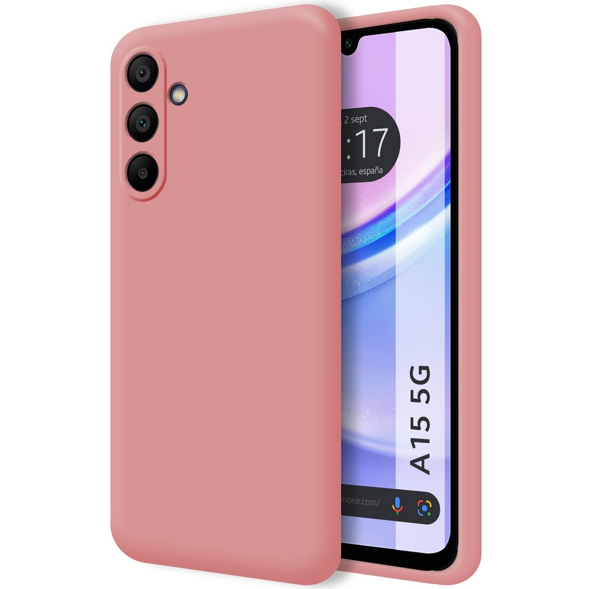 Custodia per telefono rosa, con un telefono dentro. Il telefono mostra la data e l'ora.