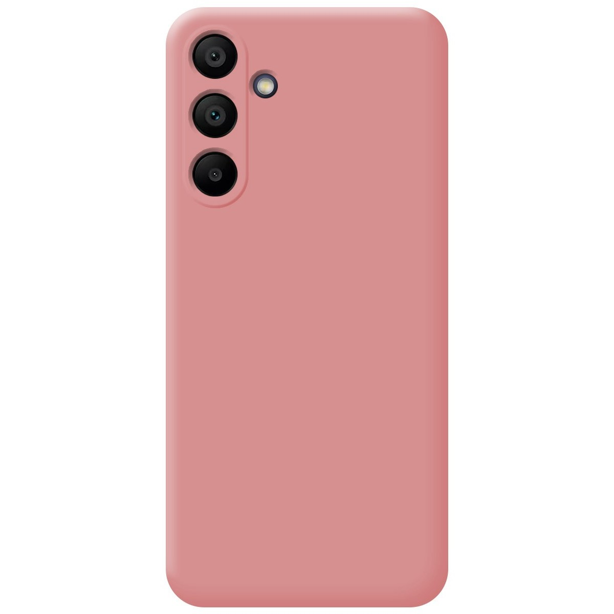 Custodia rosa per telefono con tre obiettivi della fotocamera. La custodia è di colore rosa pieno.