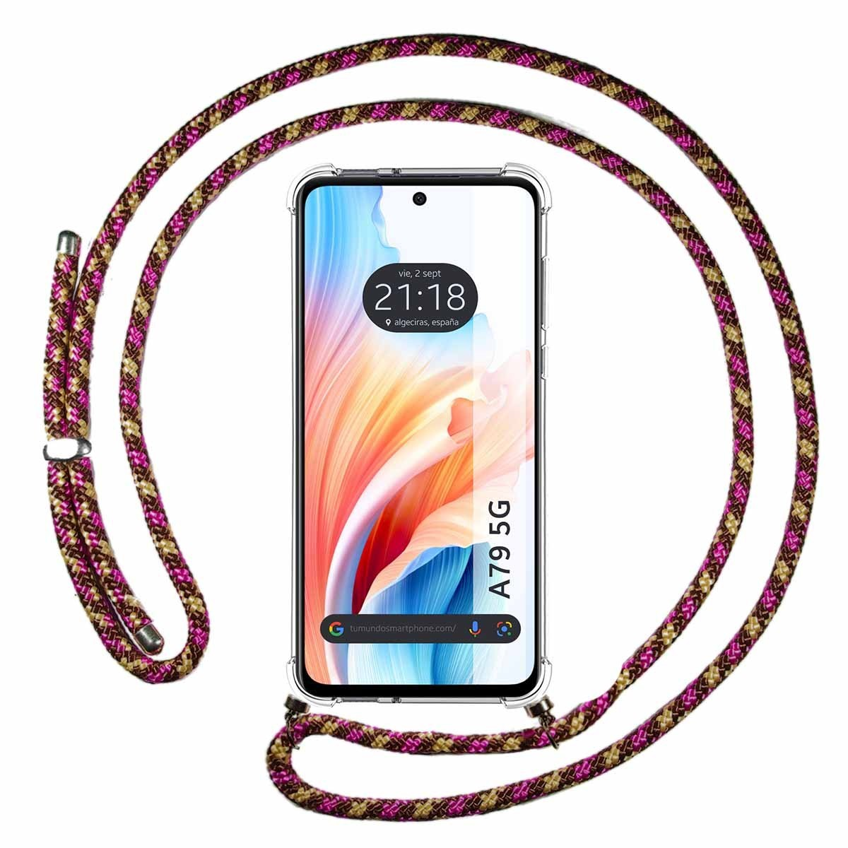 Smartphone con cordino. Il telefono mostra ora e data. Sfondo: motivo astratto.