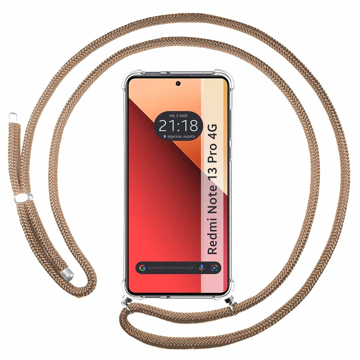 Smartphone con cinturino, che mostra ora e luogo sullo schermo.