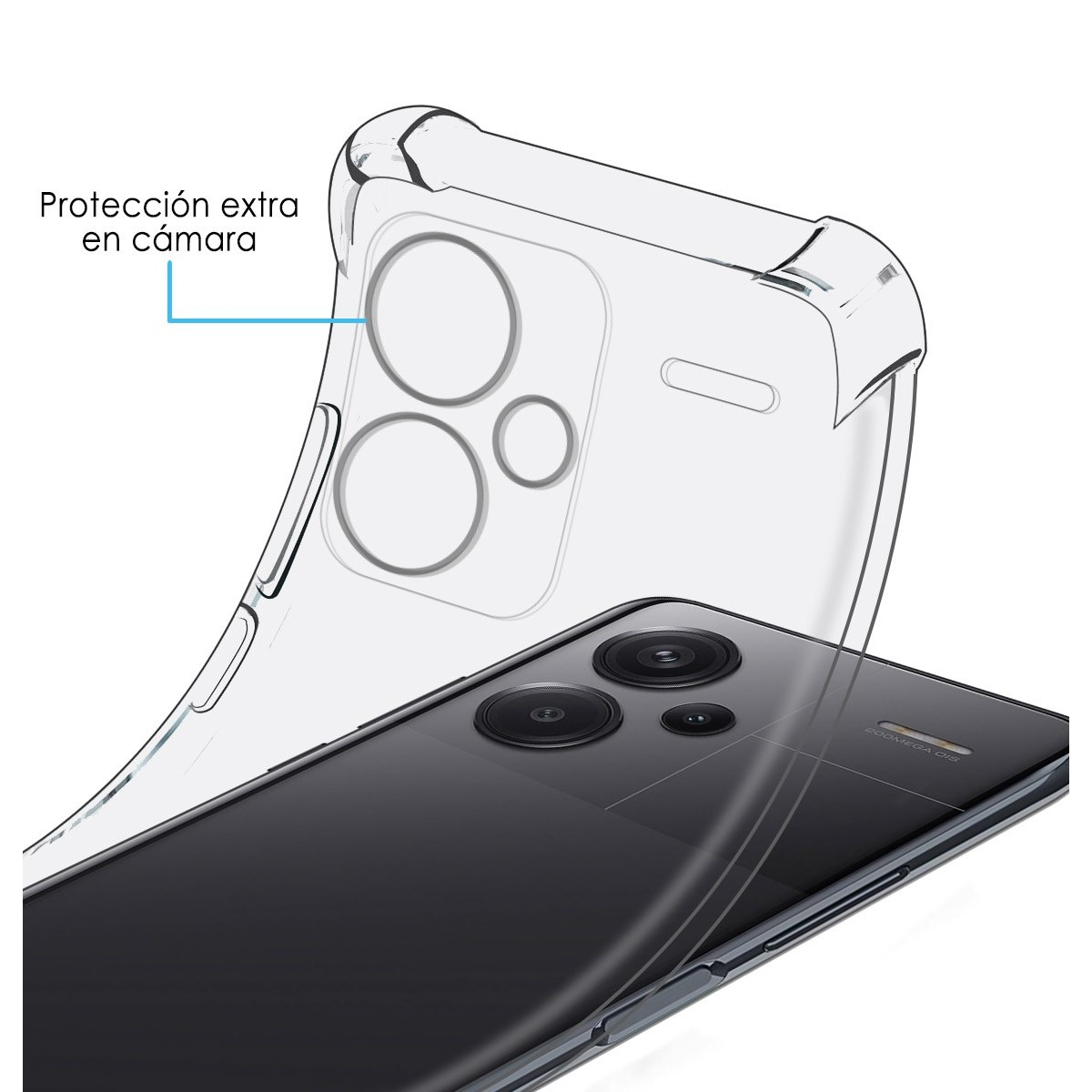 Custodia trasparente su un telefono nero. Protezione extra attorno alla fotocamera.