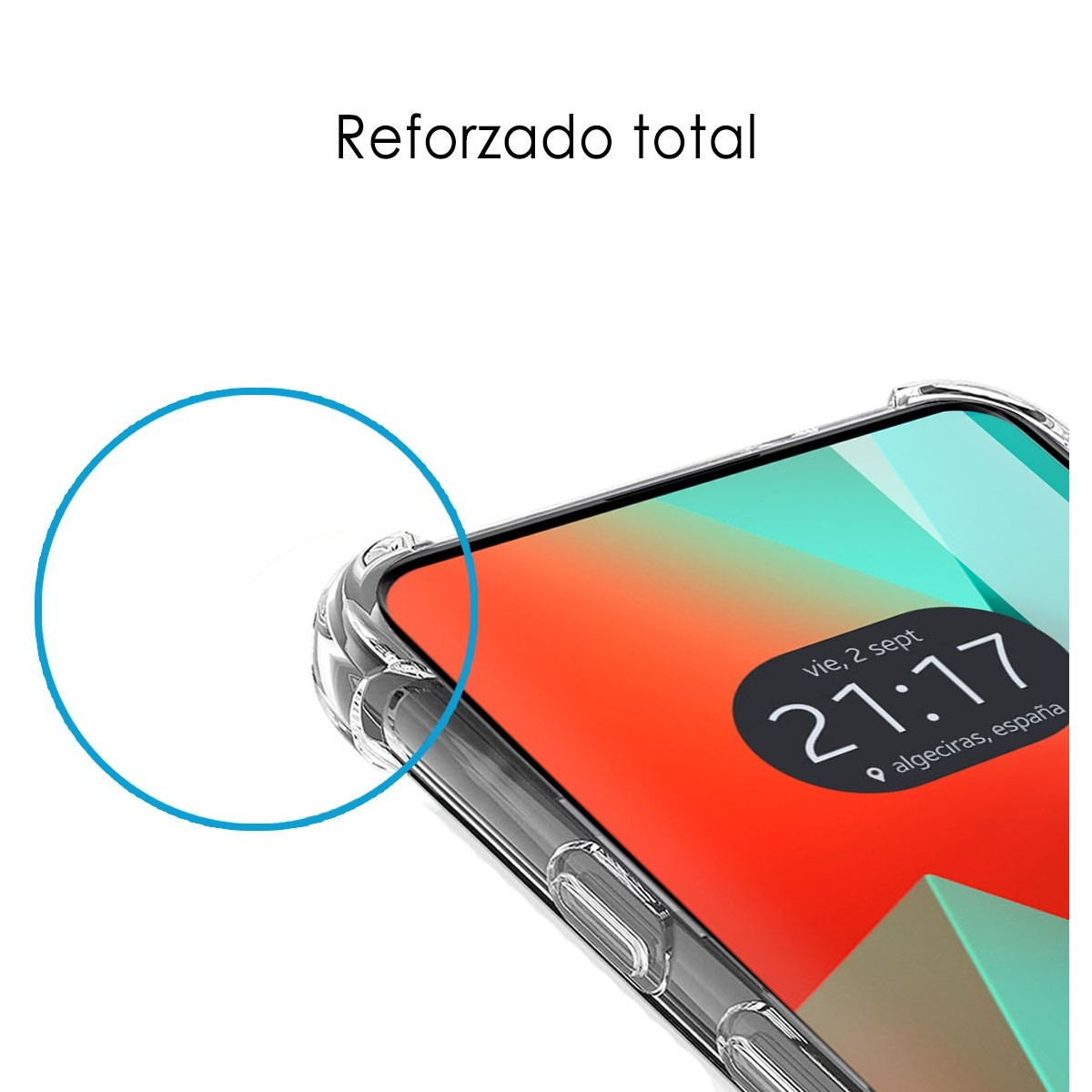 Primo piano su un telefono, che mostra una custodia trasparente e un piccolo cerchio blu.